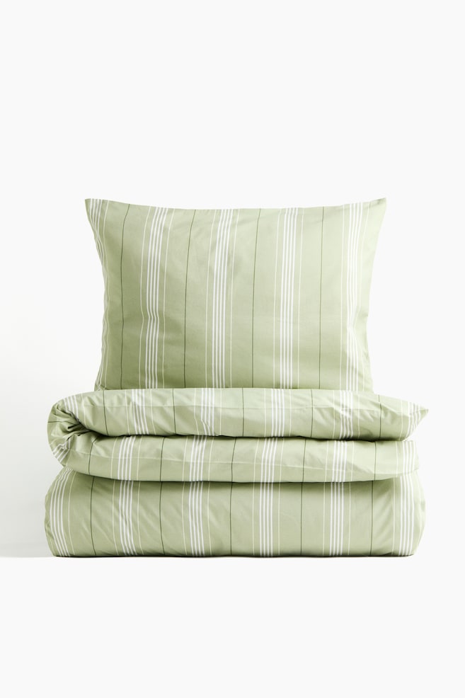 Cotton percale single duvet cover set - Green/Striped/Light pink/Striped - 1