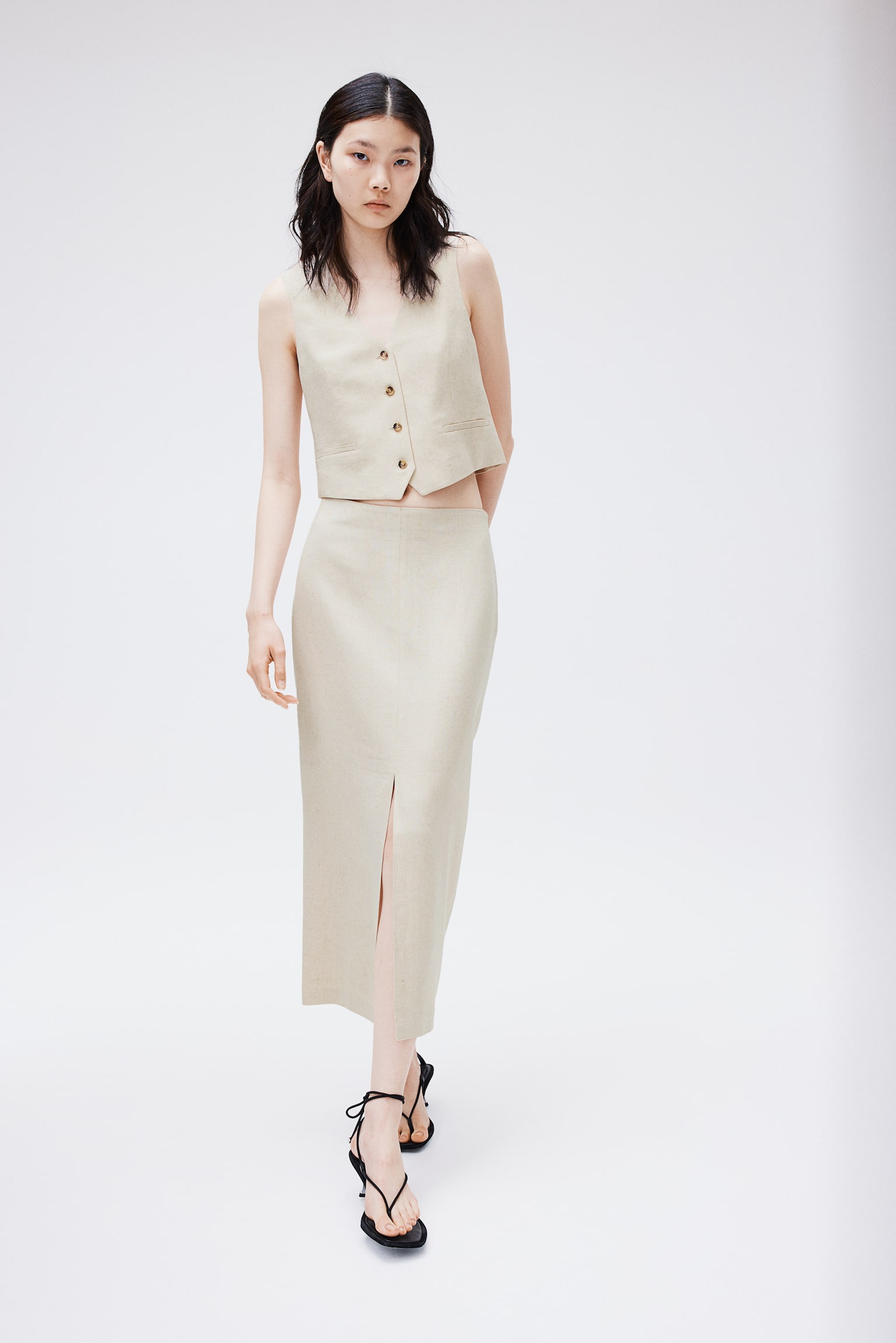 Slit Hem Pencil Skirt - Light beige/Black - 1