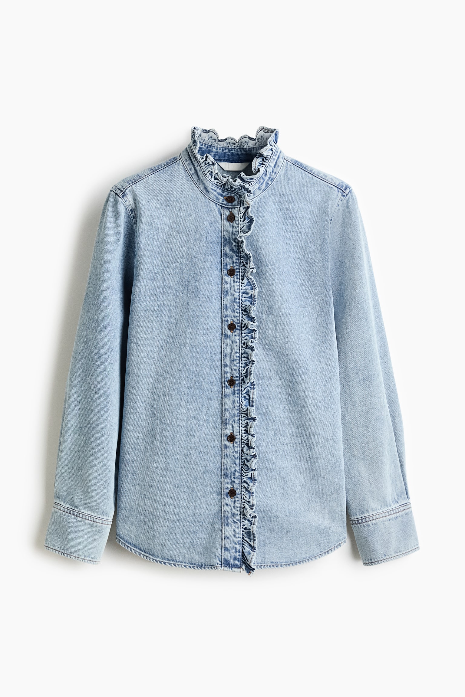 Frill-trimmed denim shirt - Light denim blue - 2