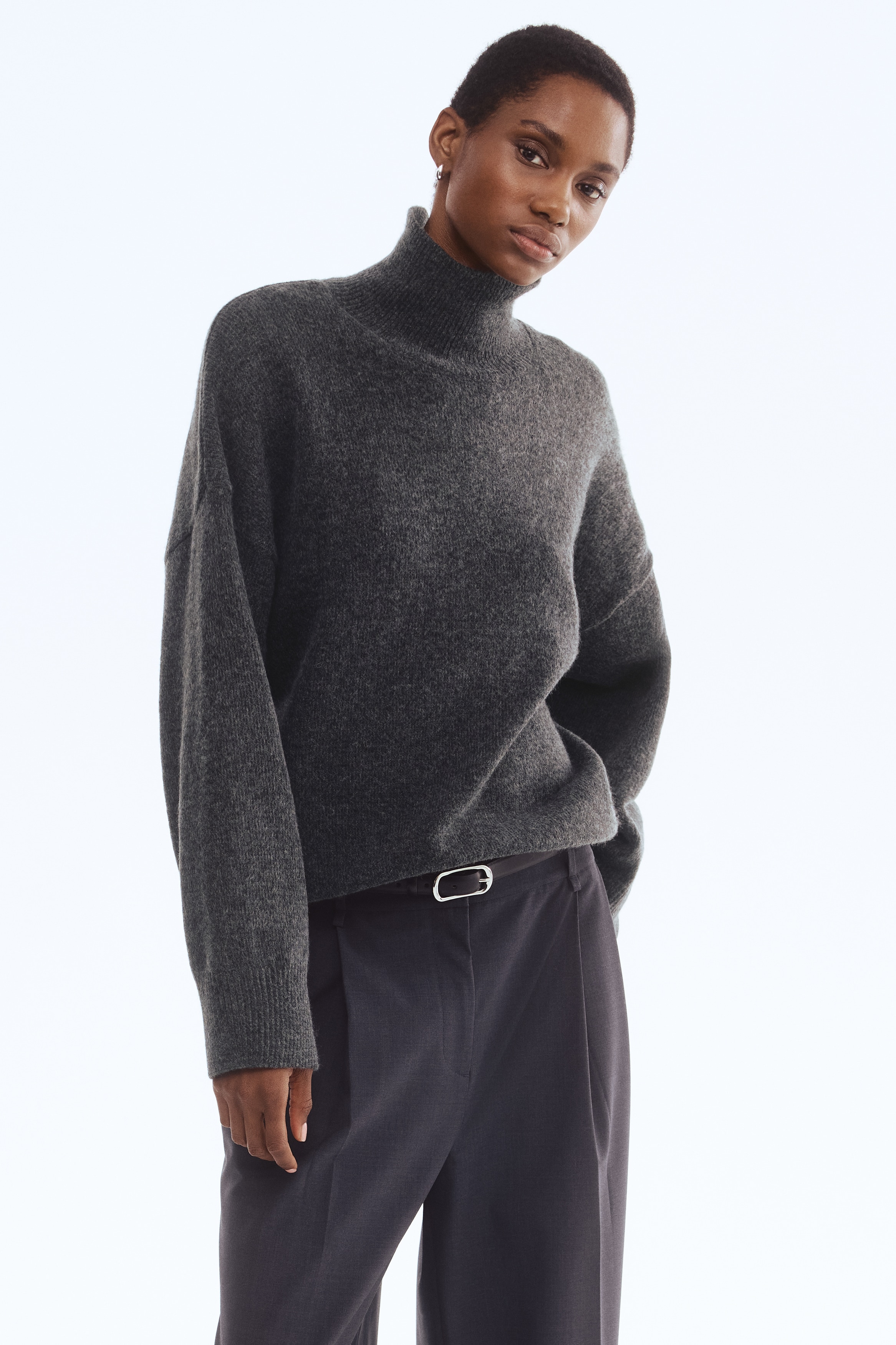 Oversized Mock-Turtleneck Sweater - Dark gray melange - Ladies
