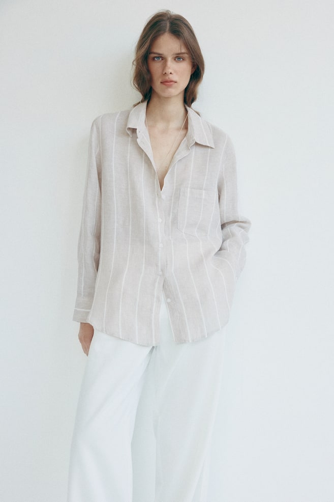 Linen Shirt - Light beige/white striped/White/Dark brown/Blue/striped/Black/Light blue/striped - 5