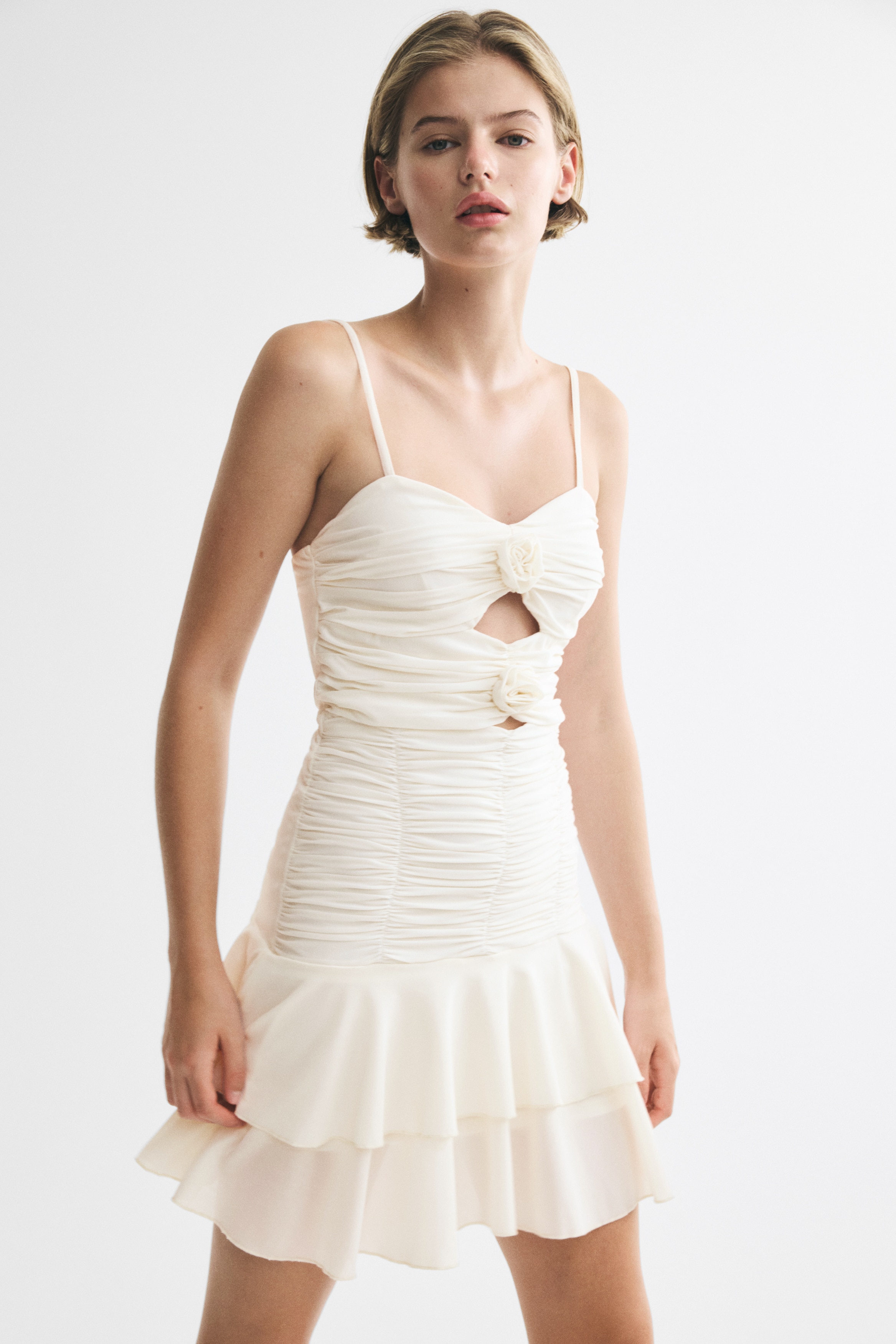 Ruched mesh strappy dress - Cream/Dark olive green/Polka dot