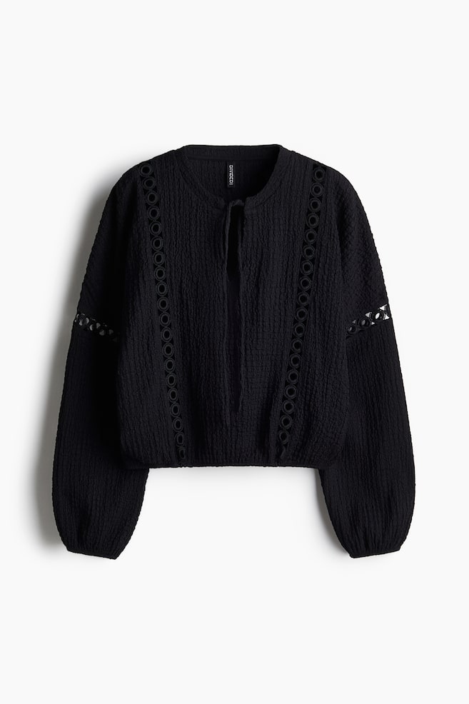 Lace-Inset Crinkled Blouse - Black - 1