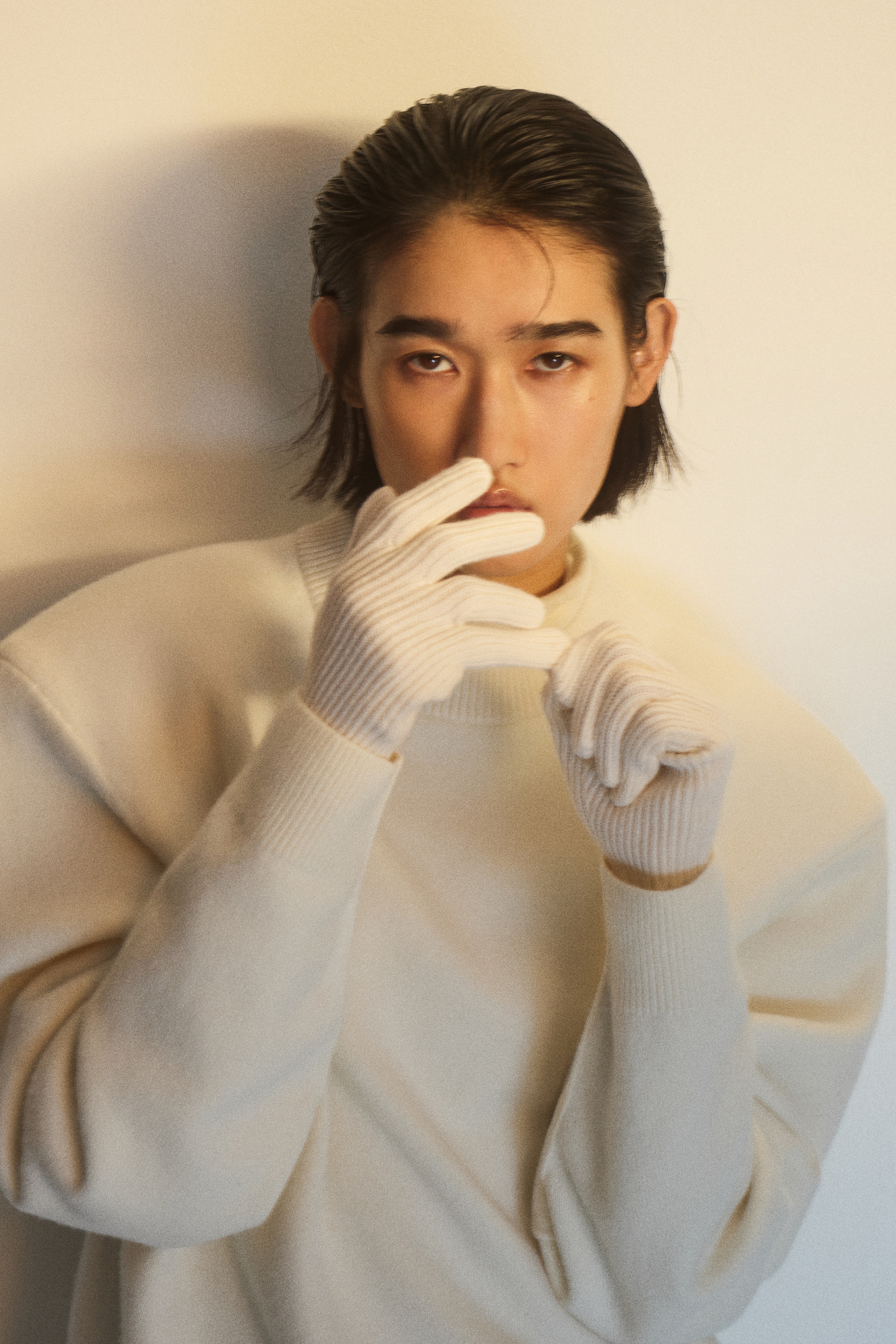 Knitted gloves - Light beige/Dark grey/Black