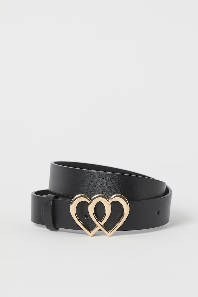 Heart-buckle belt - Black/Hearts/Powder pink