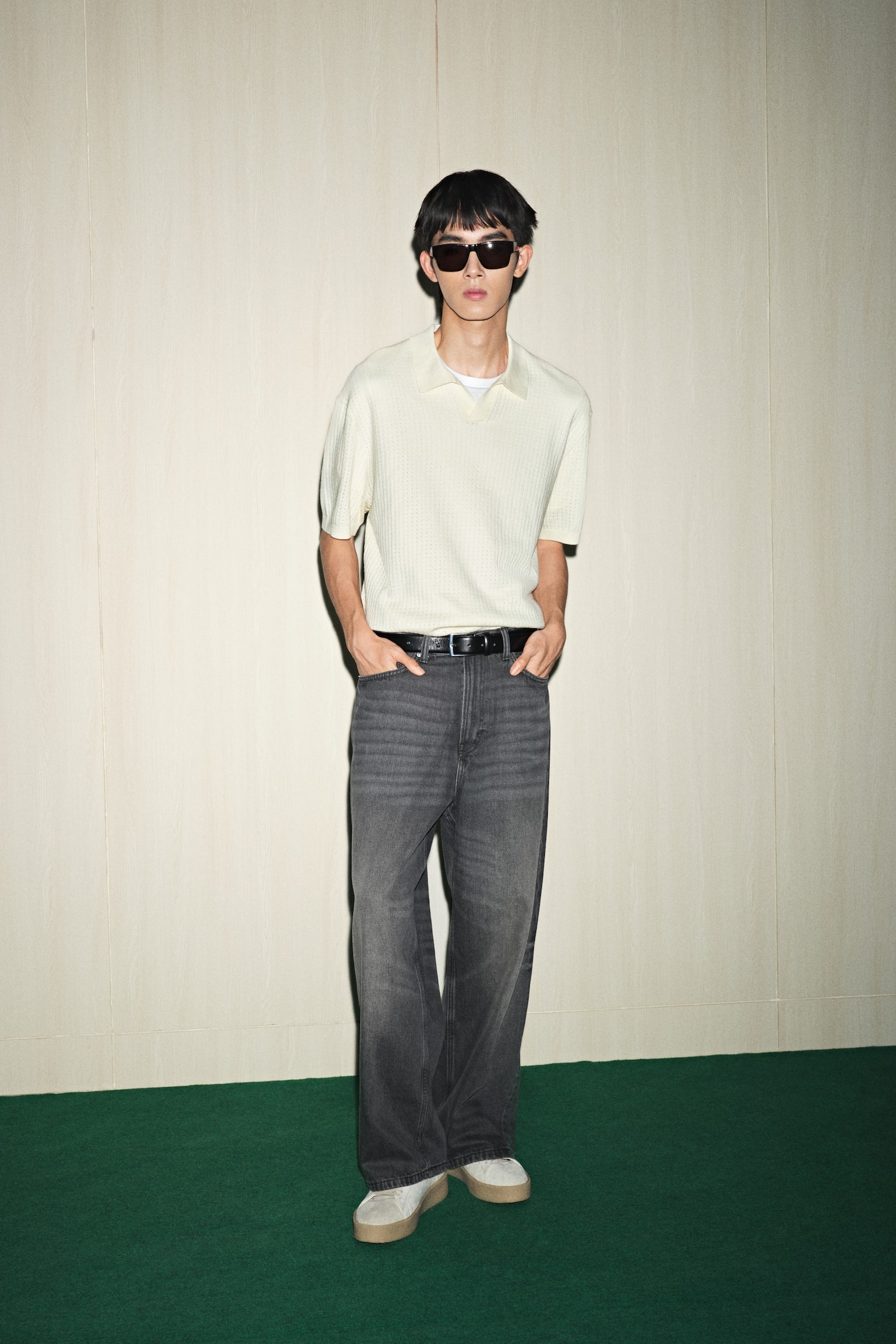 寬鬆剪裁紋理感針織Polo衫 - 奶油色/黑色 - 6