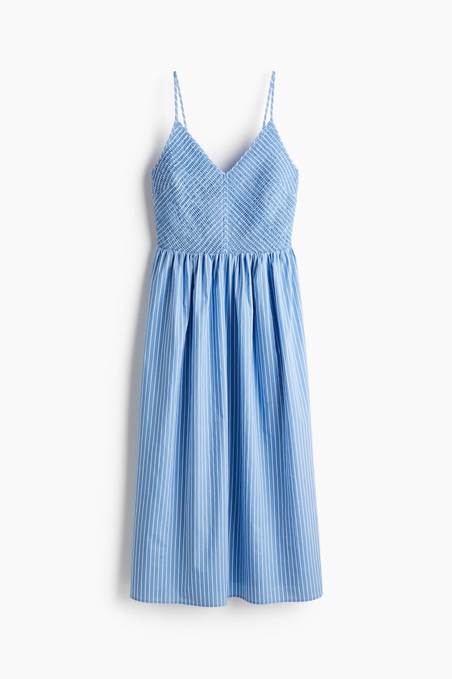 Vestido de algodón con cuerpo fruncido - Azul claro/Rayas/Verde - 1