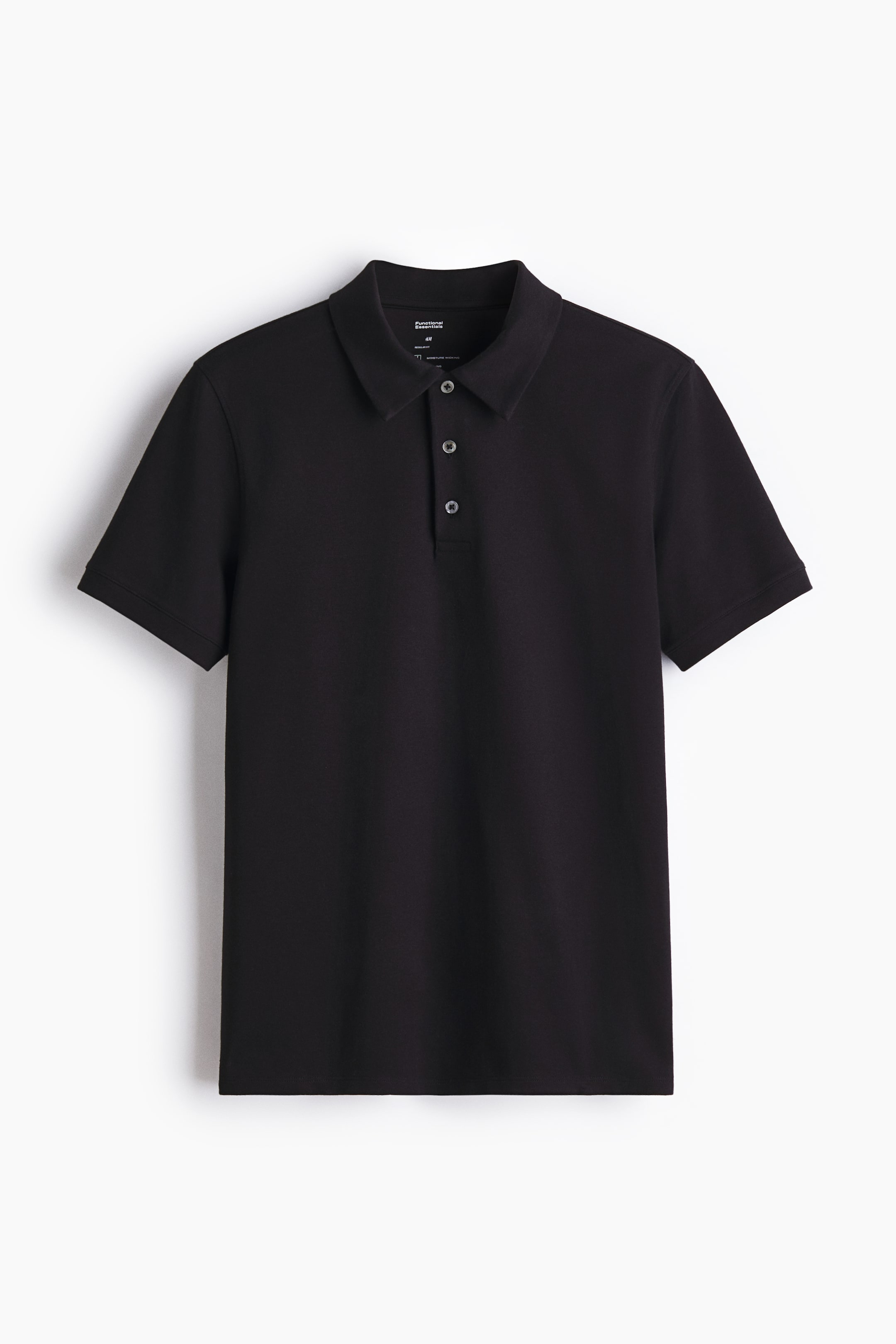 View larger image: A black polo shirt is showcasing its front view, featuring a turn-down collar, a three-button placket, short sleeves with trimmed cuffs, and a straight-cut hem.