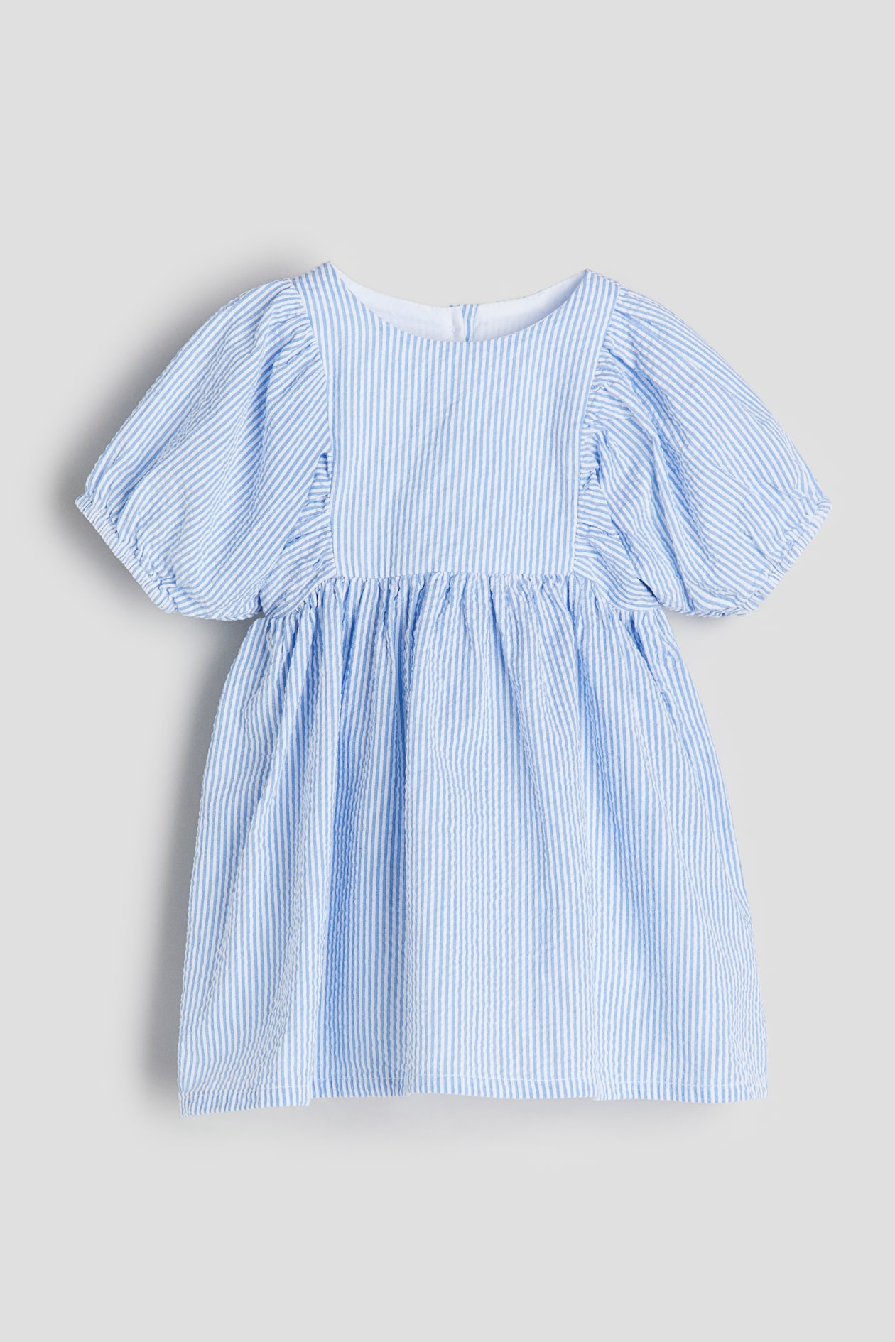 Seersucker cotton dress - Round neck - Short sleeve - Light blue ...