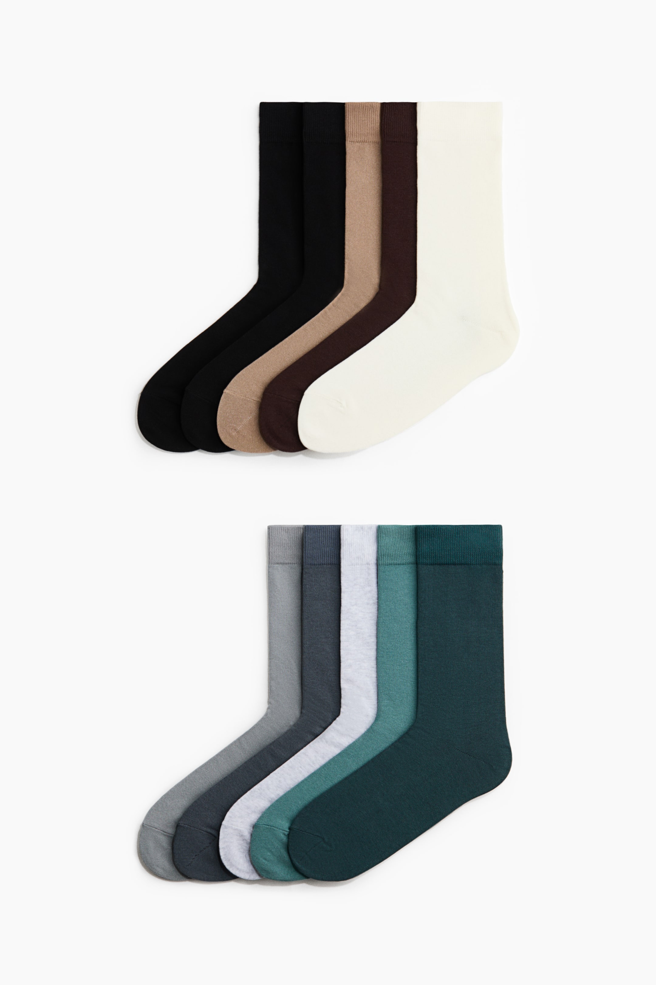 View larger image: Presenting two sets of five solid-coloured socks, totalling ten pairs. The first set showcases socks in black, tan, dark brown, and off-white. Meanwhile, the second set features socks in light grey, charcoal grey, heather grey, teal, and dark green. Perfectly curated for your wardrobe essentials.