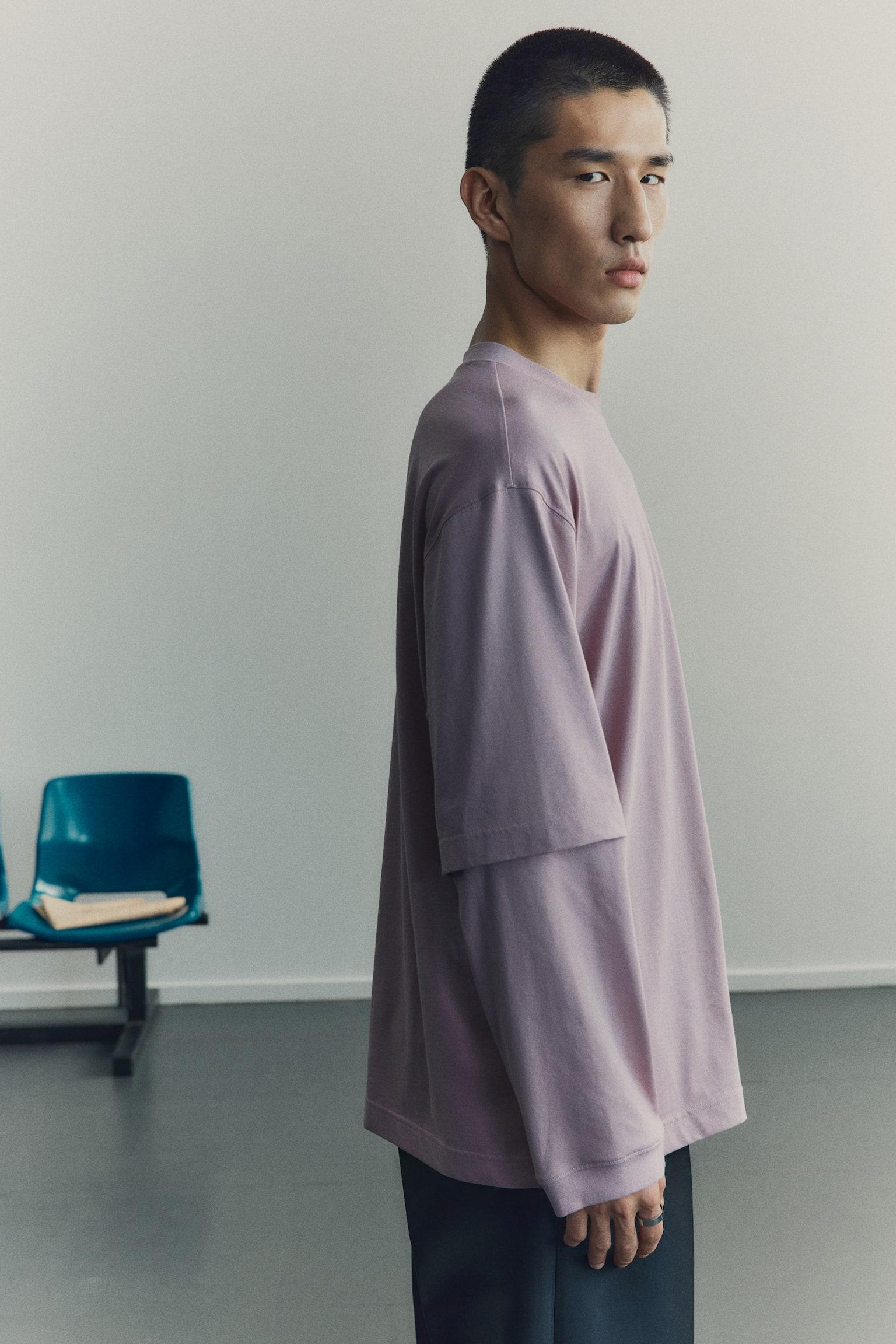 Мужская рубашка H&M Layered Pima Cotton, цвет: Пыльный розовый — фото 4