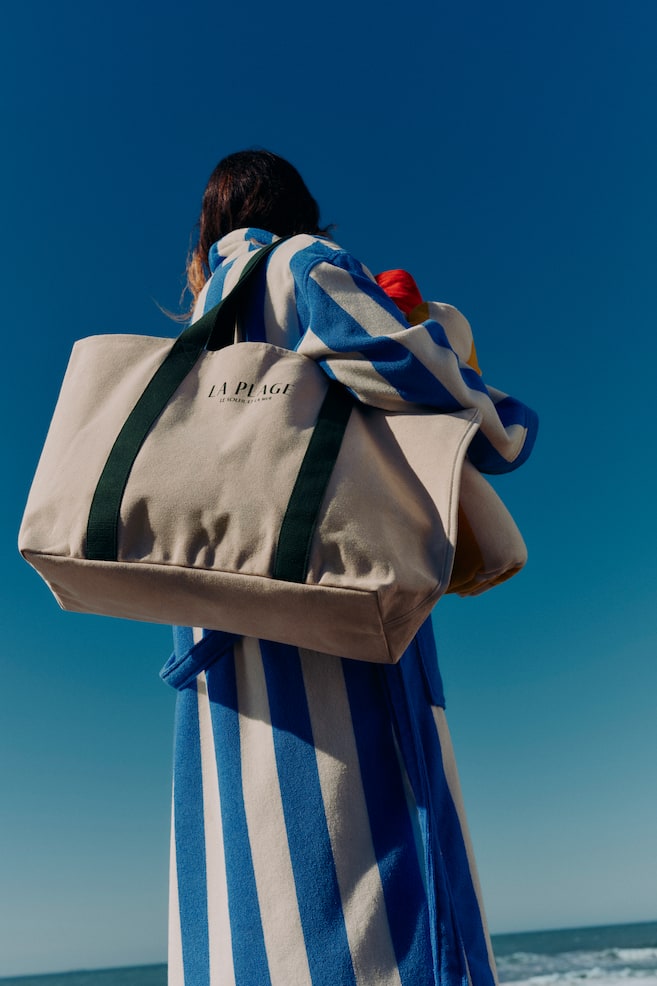Canvas beach bag - Natural white/Dark green/Natural white/Black - 4