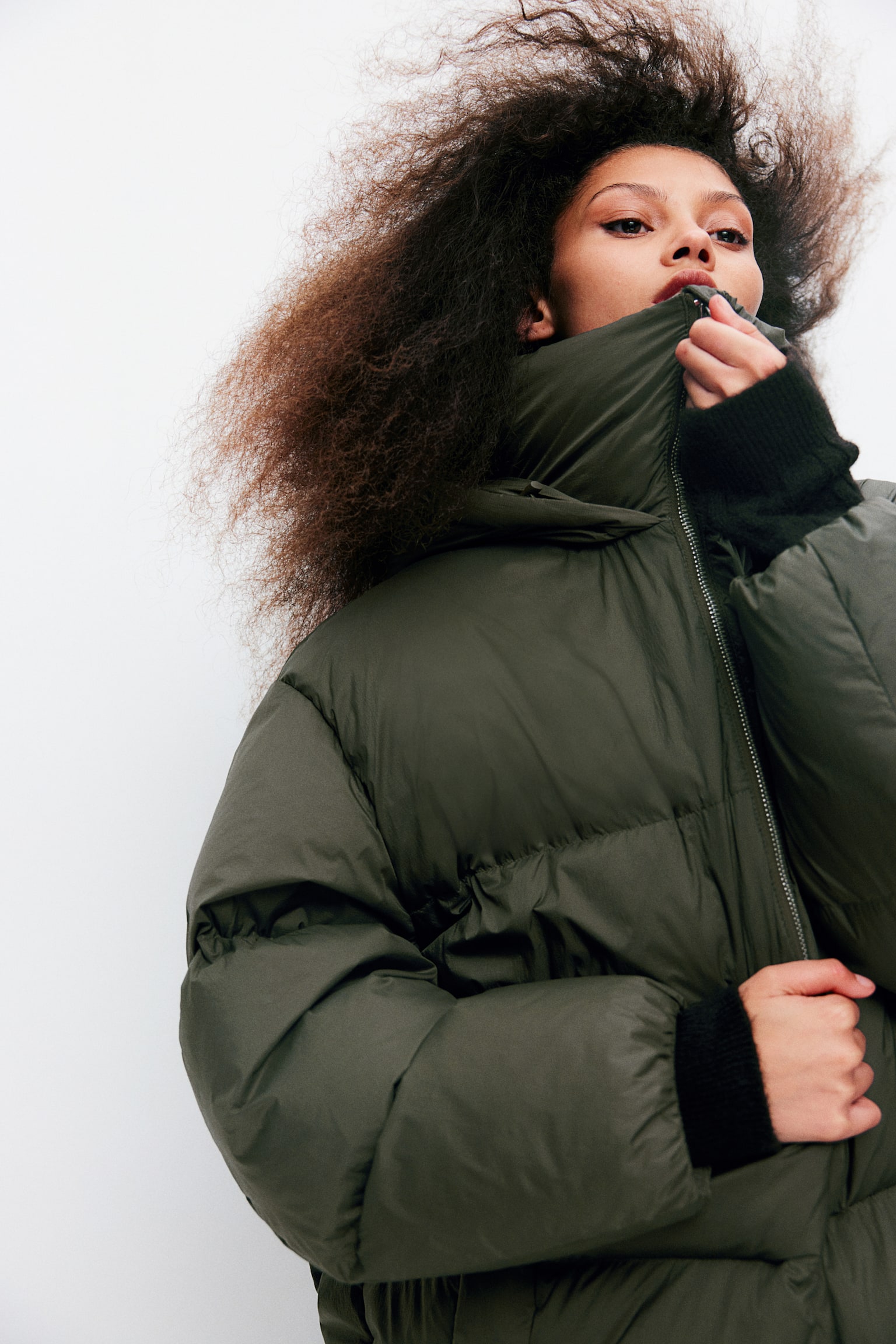 Oversized down puffer jacket - Dark khaki green/Black/Greige - 5