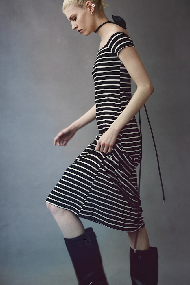Rib-knit off-the-shoulder dress - Black/Striped/Black - 5