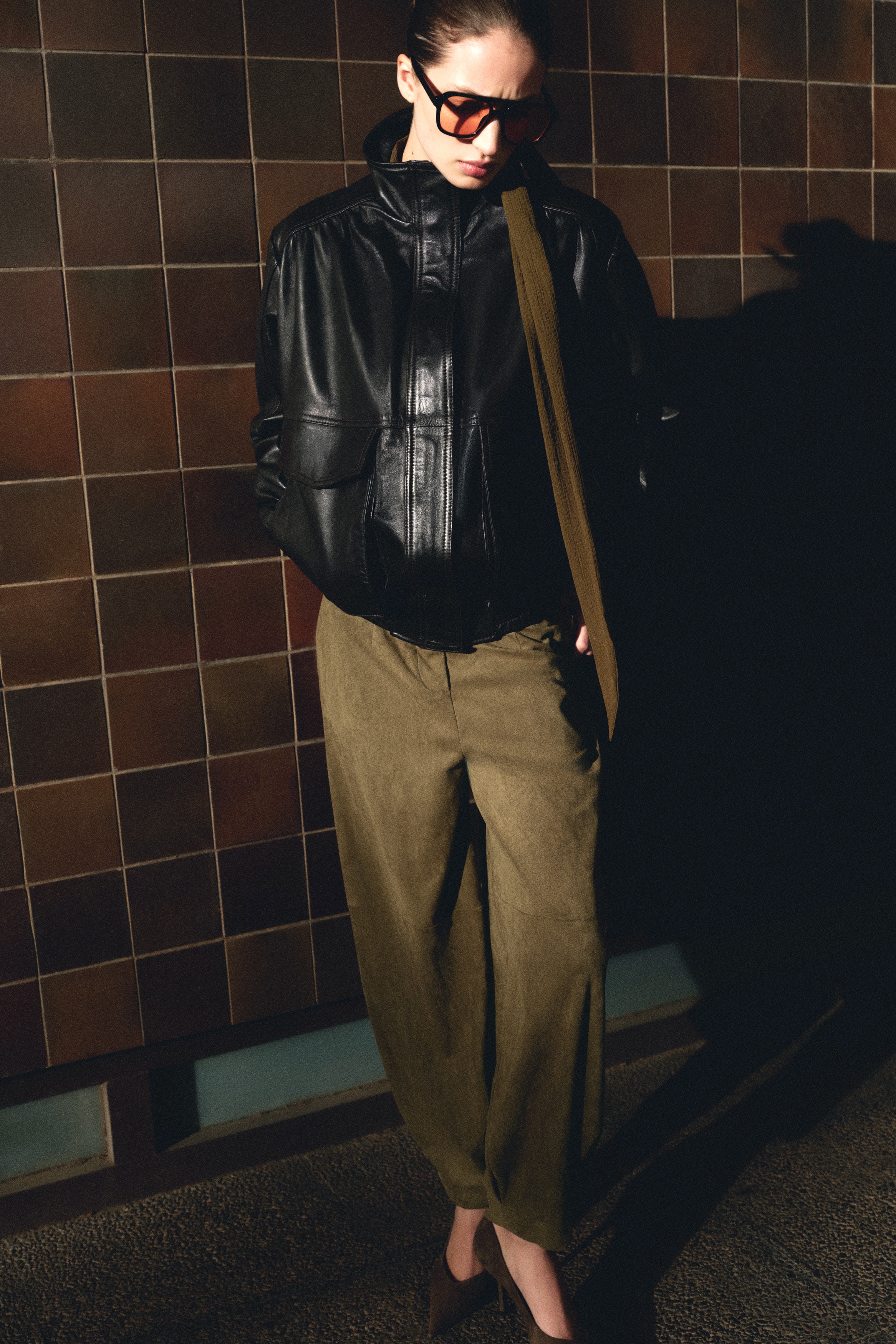 Broek met barrel-pijpen - Donker kakigroen/Bruin/Lichtbeige