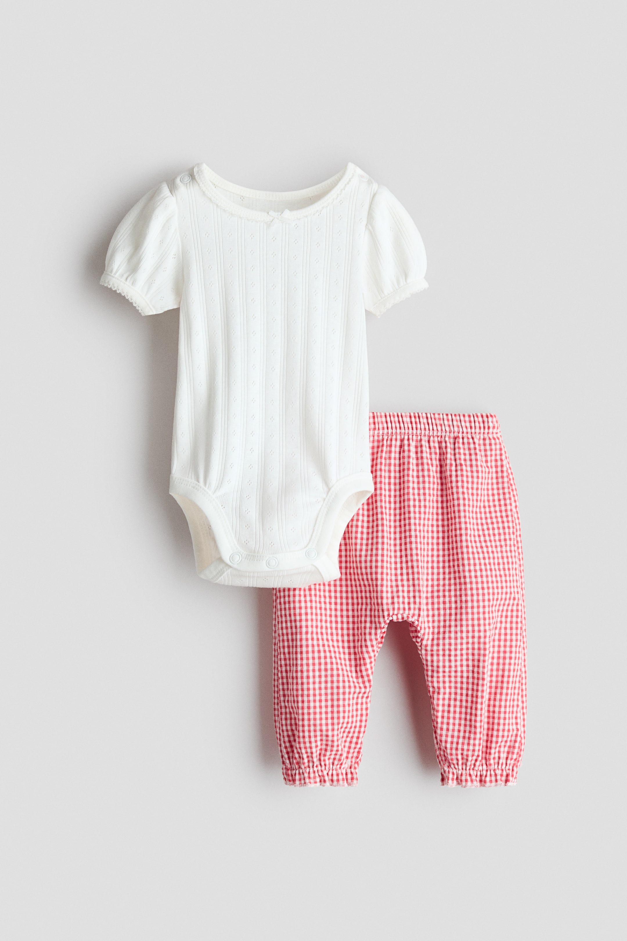 View larger image: A white short-sleeved bodysuit with puffed lace-trimmed sleeves, a lace-trimmed round neckline, and a small white bow is showcased, featuring a textured fabric with vertical eyelet details. Accompanying red and white checkered pants display an elasticated waist and elasticated ankle cuffs.