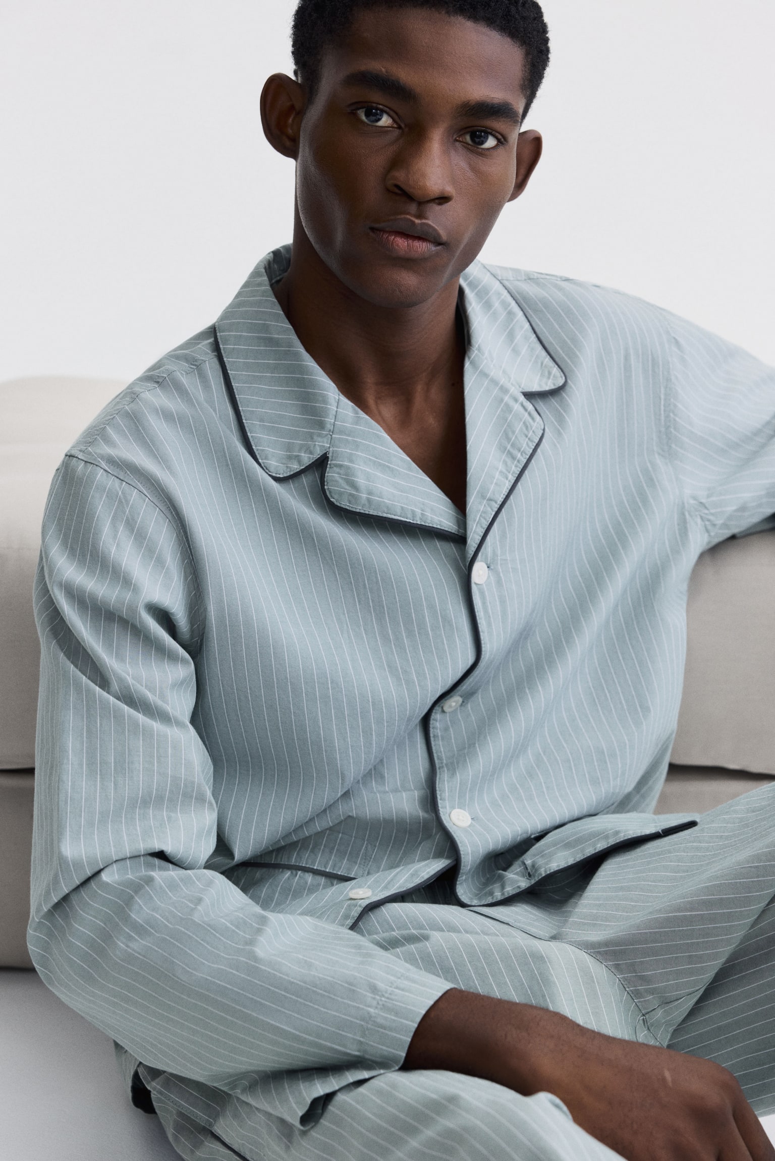 Cotton pyjama shirt and bottoms - Medium dusty green/Striped/Navy blue - 3