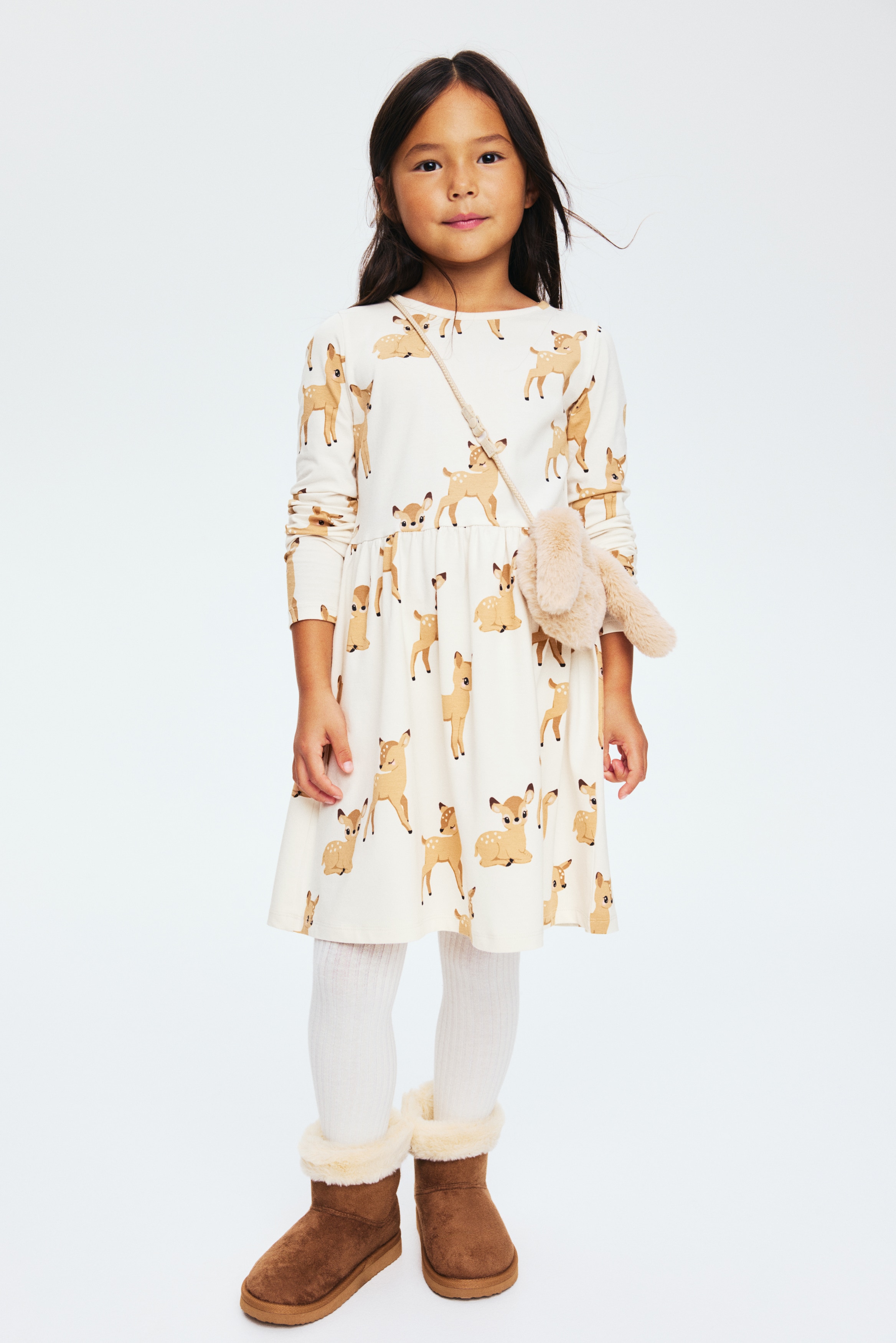 Dziewczynka - Bawełniana sukienka w nadruki Biały/Renifer - Size: 134/140 (8-10Y)  - H&M