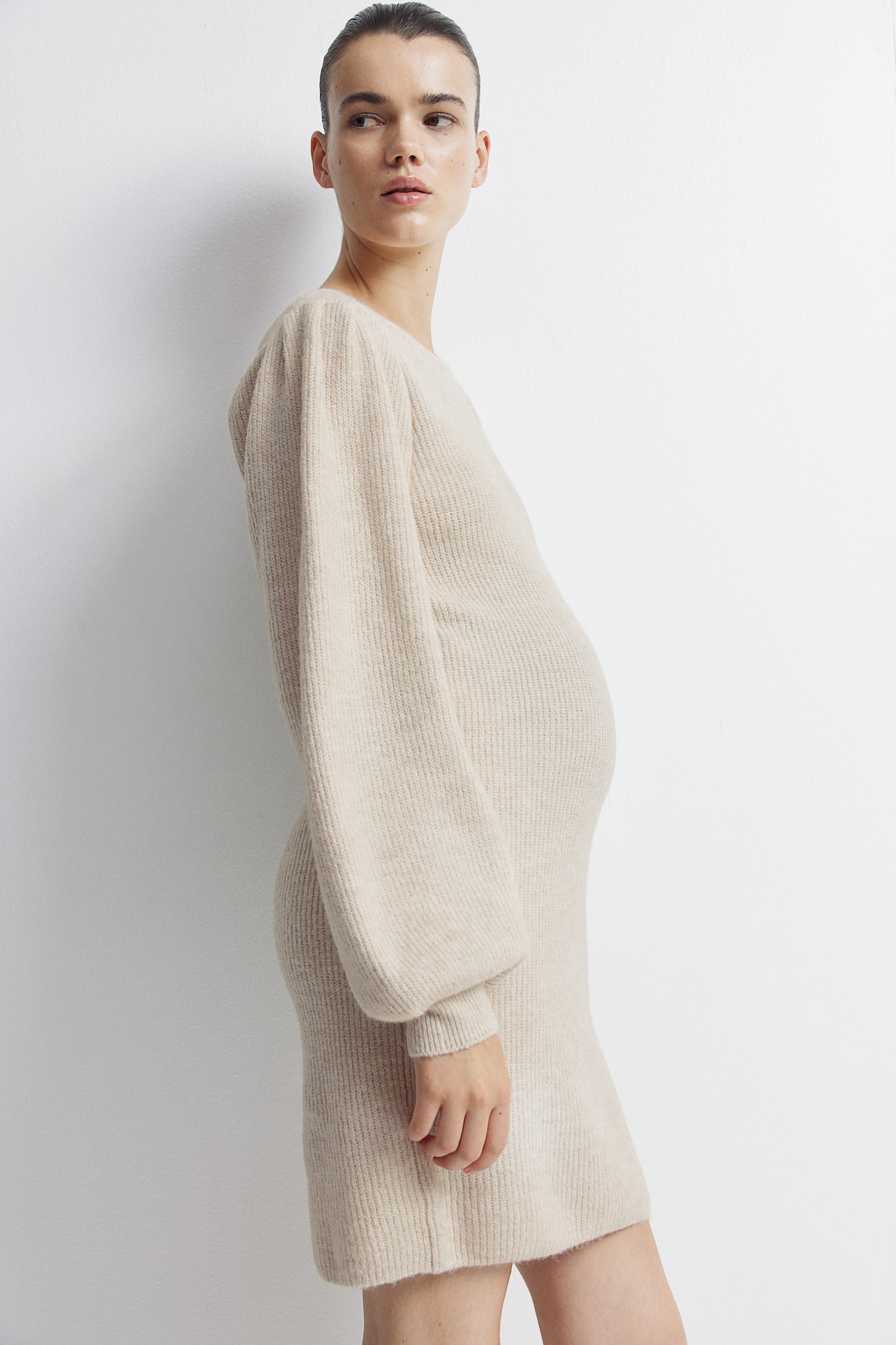 MAMA Balloon-sleeved rib-knit dress - Light beige marl/Light pink - 4