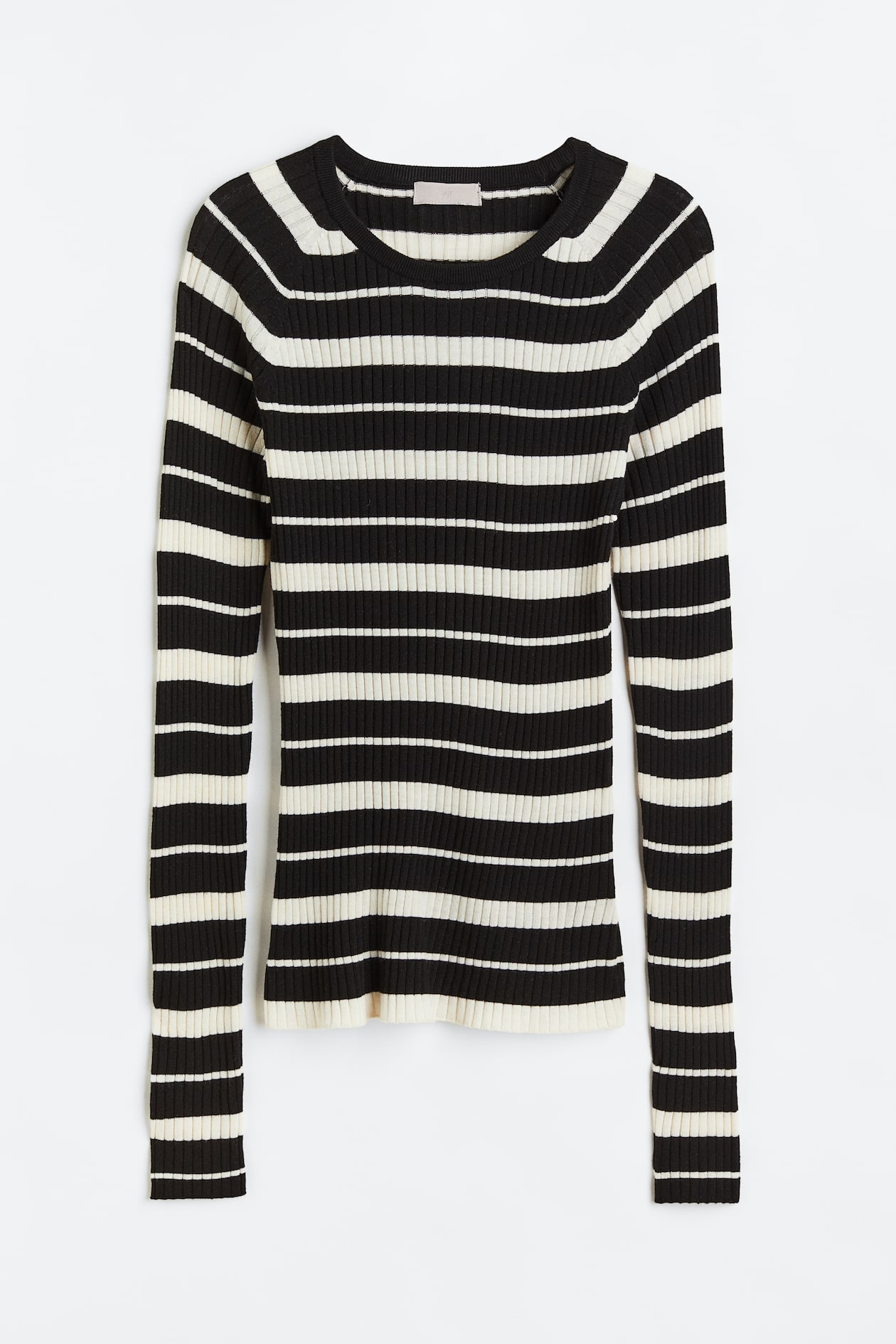 Rib-knit Top - Round Neck - Long sleeve - Black/striped - Ladies | H&M US