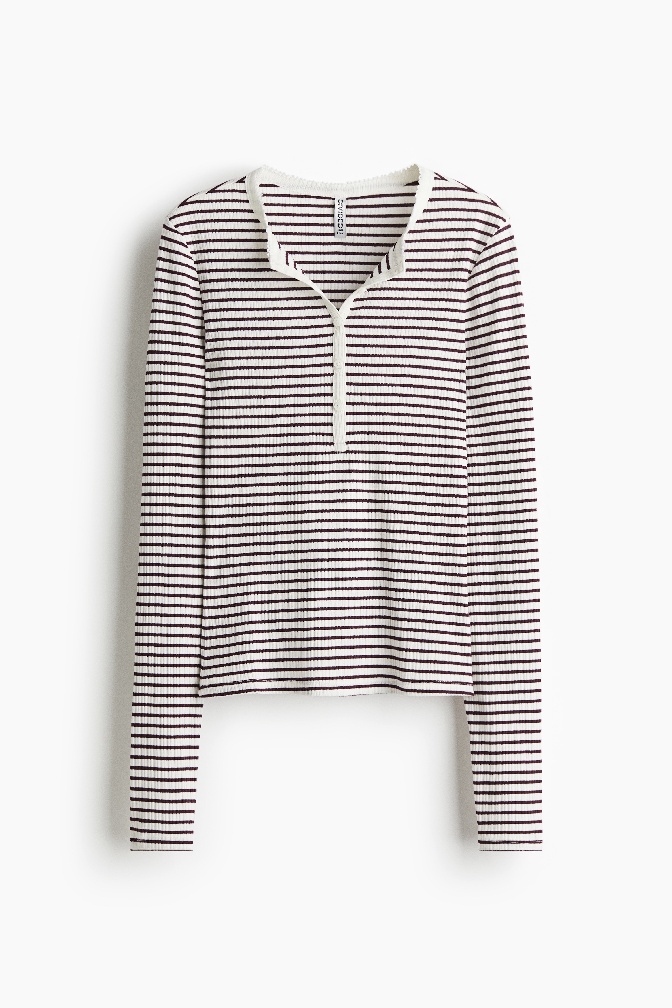Ribbed henley top - White/Burgundy striped/Cream/Dark grey