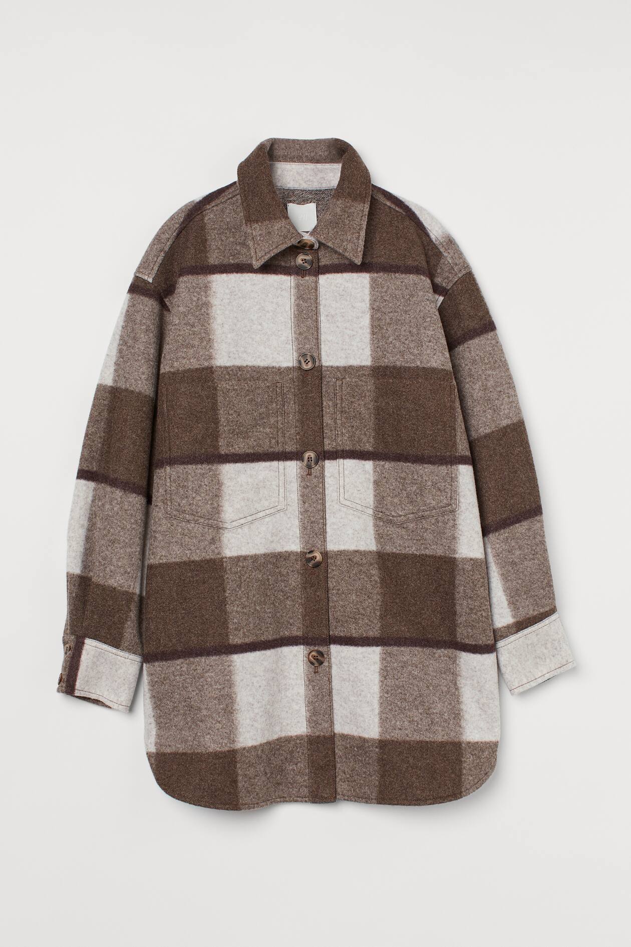 Felted shacket - Long sleeve - Regular length - Brown/Grey checked ...