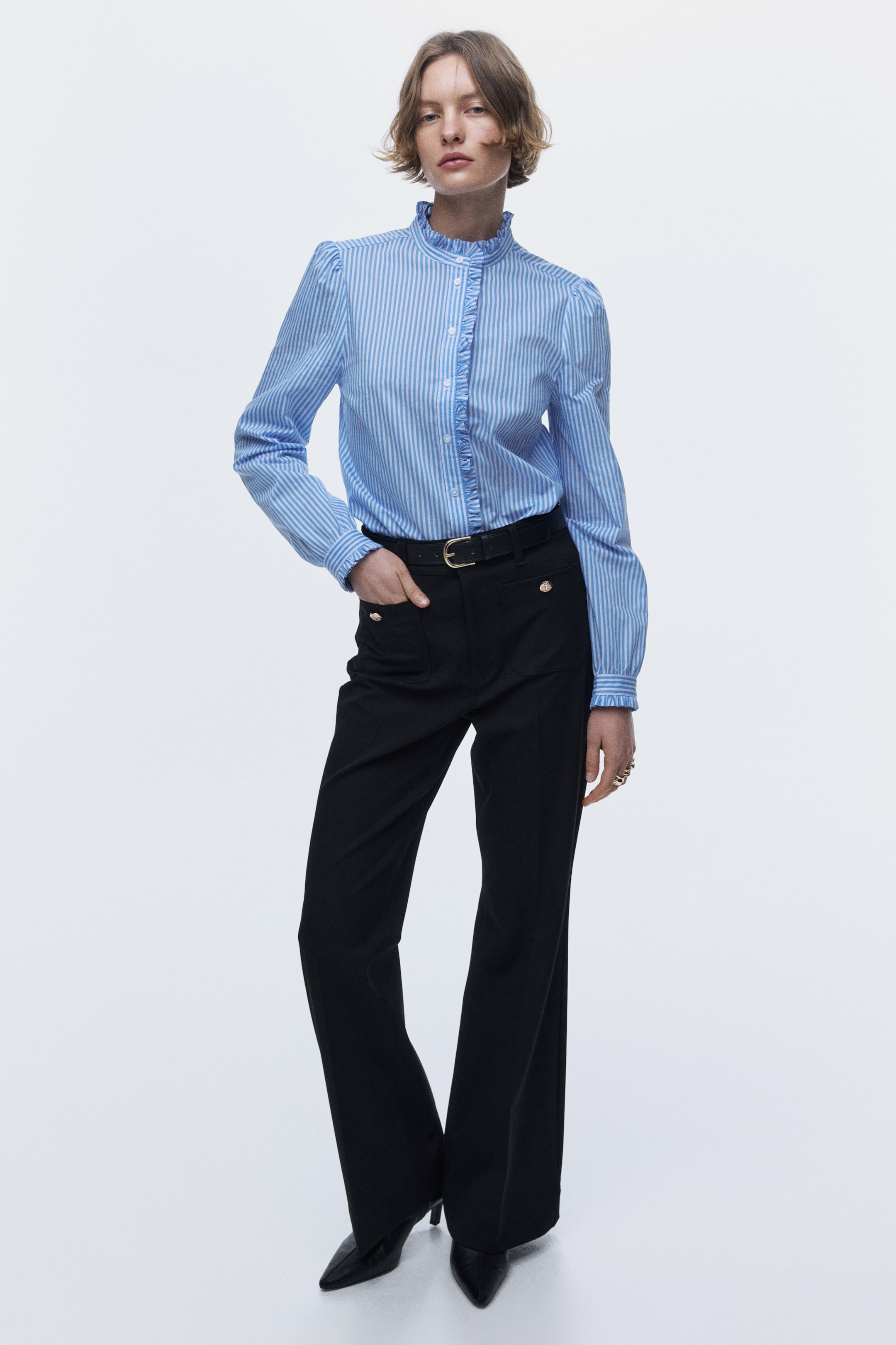 View larger image: Frill-trimmed poplin blouse - Blue/striped - Ladies | H&M CA 4