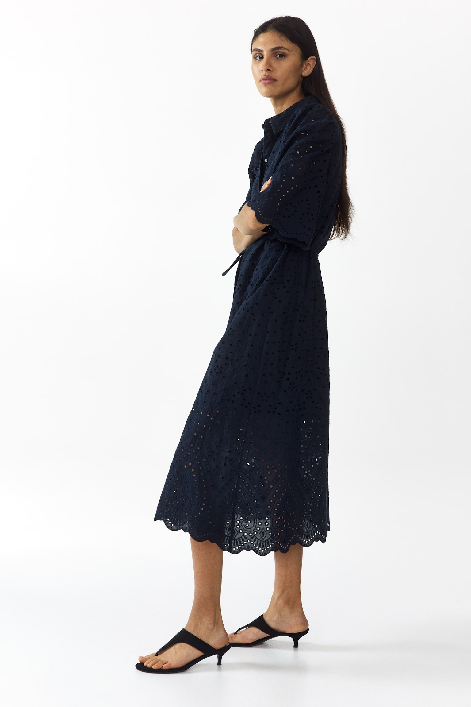 Broderie-anglaise cotton shirt dress-Navy blue - 1