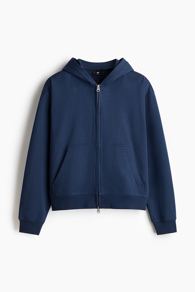 Felpa squadrata con cappuccio e cerniera Loose Fit - Blu/Beige - 1