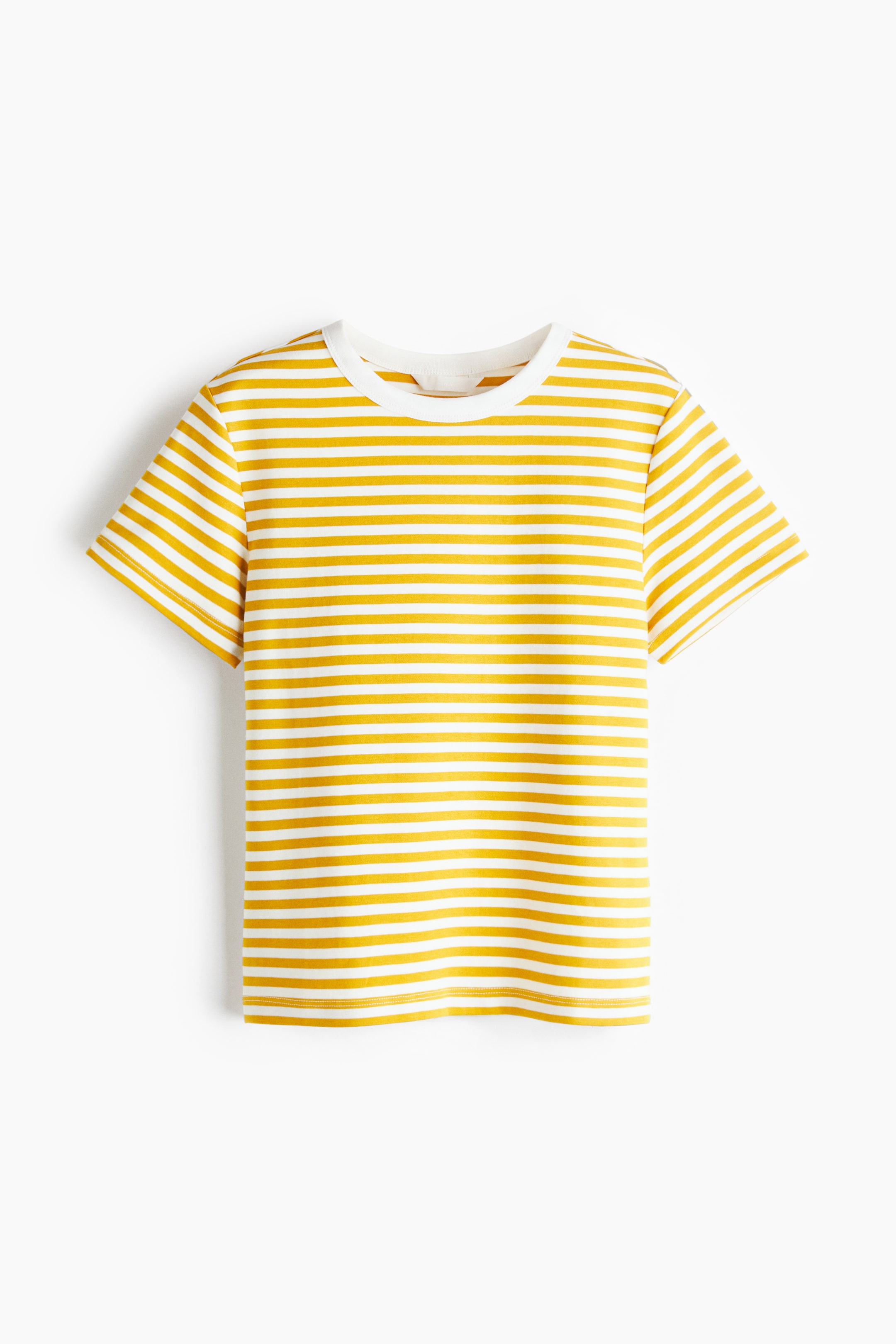 Agrandir l'image: Un T-shirt avec des rayures horizontales jaunes et blanches, un col rond bordé de côtes, et des manches courtes, présenté de face.