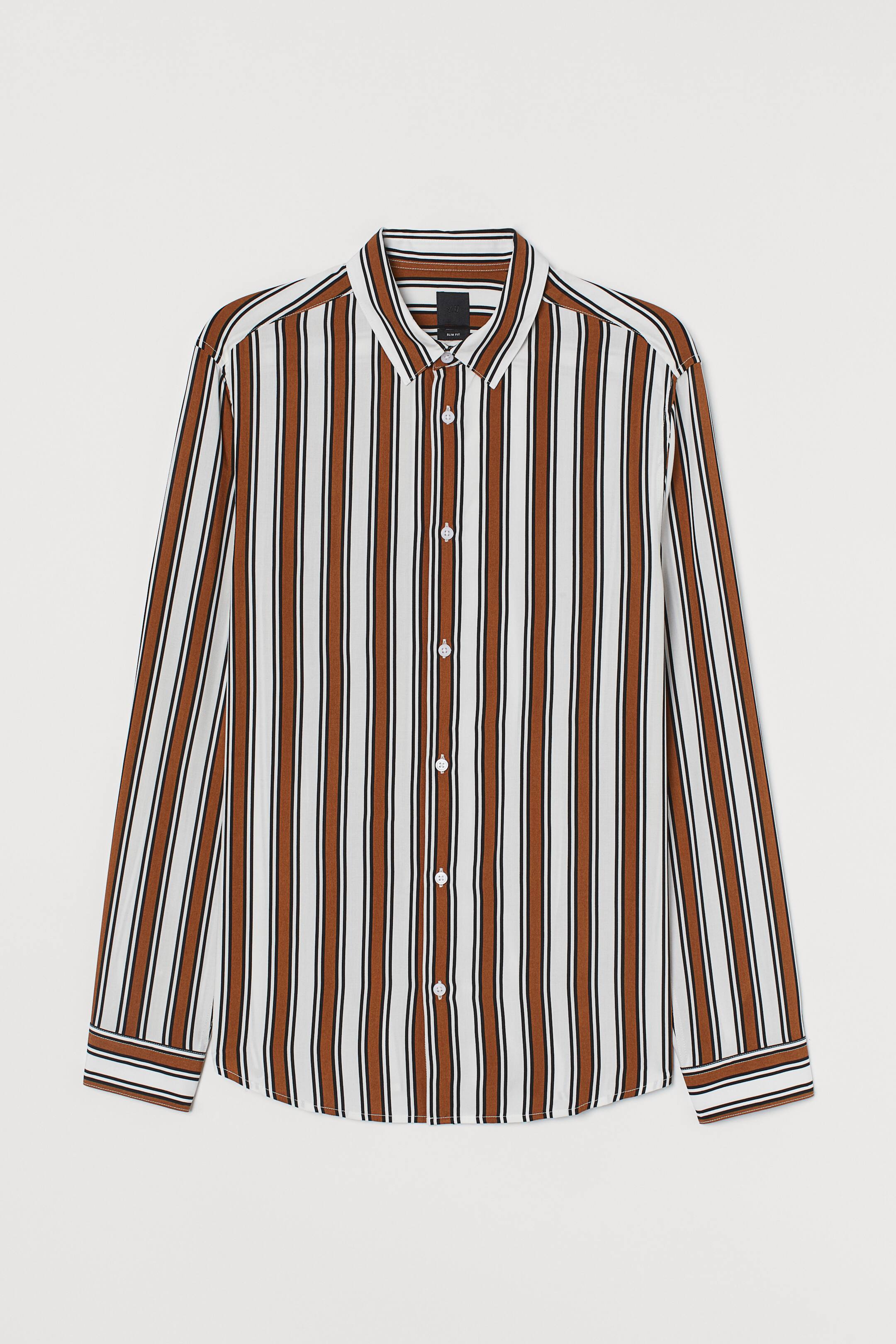 Slim Fit Viscose Shirt - Long sleeve - Light brown/white/black  