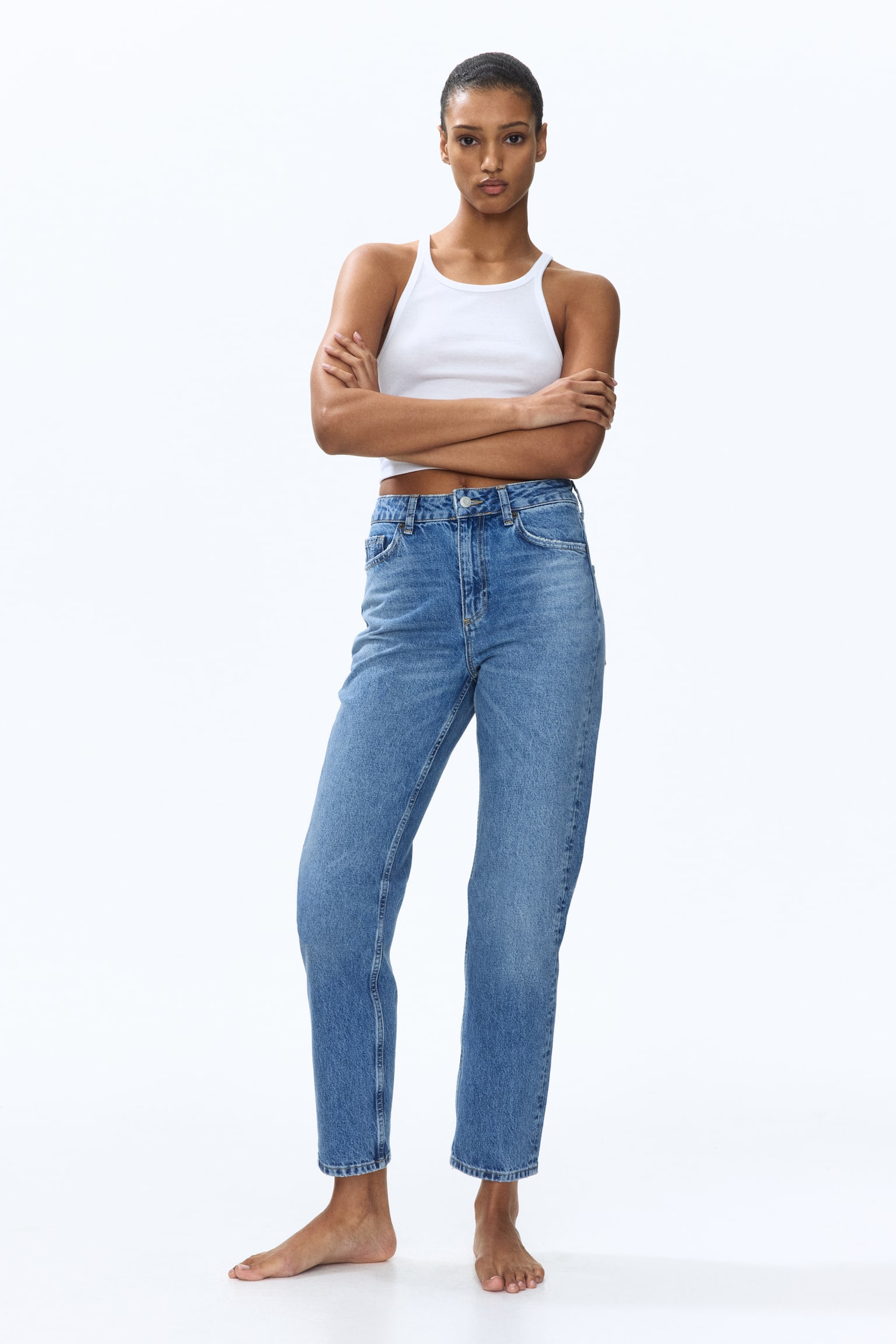 Mom High Waist Ankle Jeans - Denimblå/Grå - 7