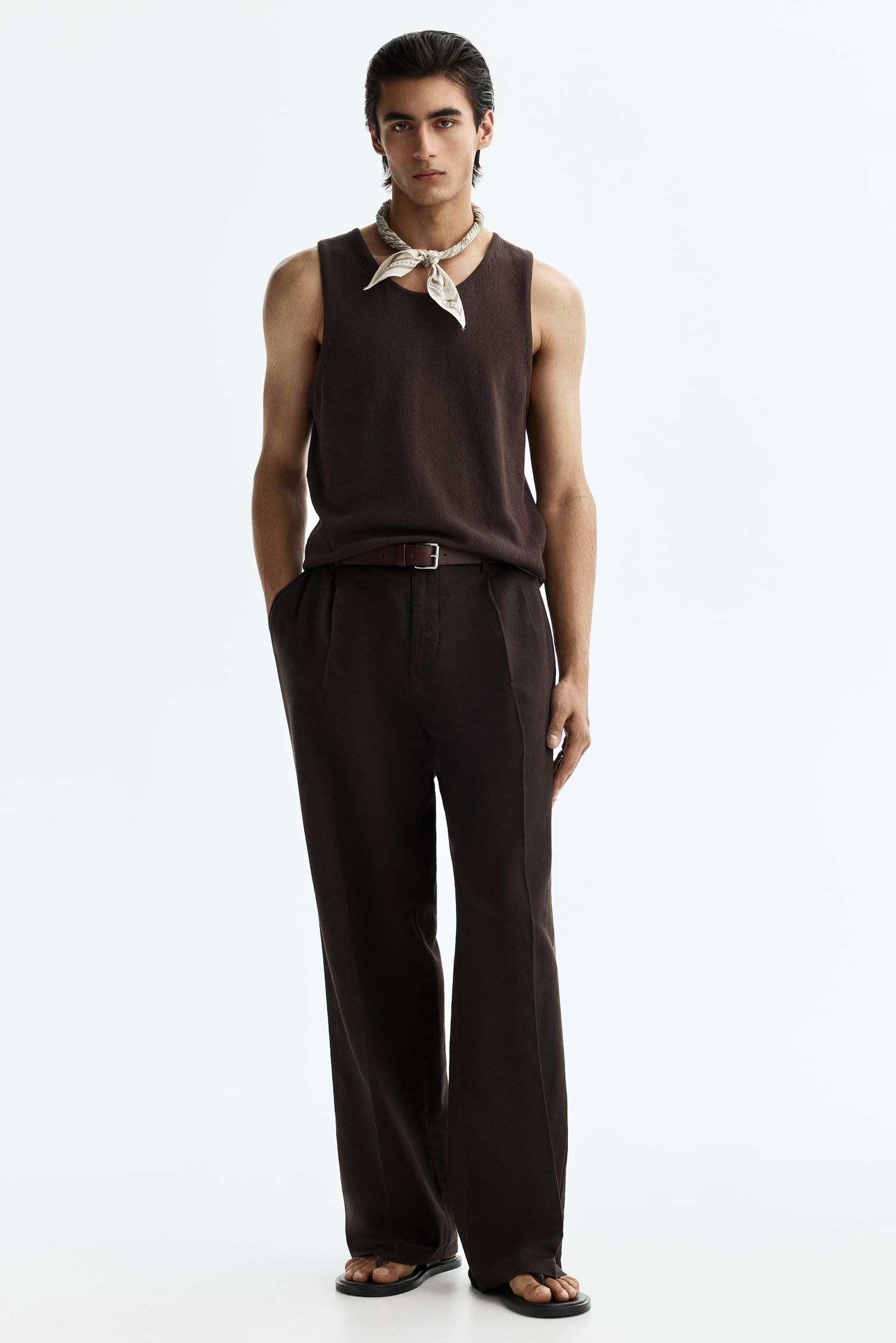 Loose Fit Linen-blend trousers - Dark brown/Black/Cream - 1