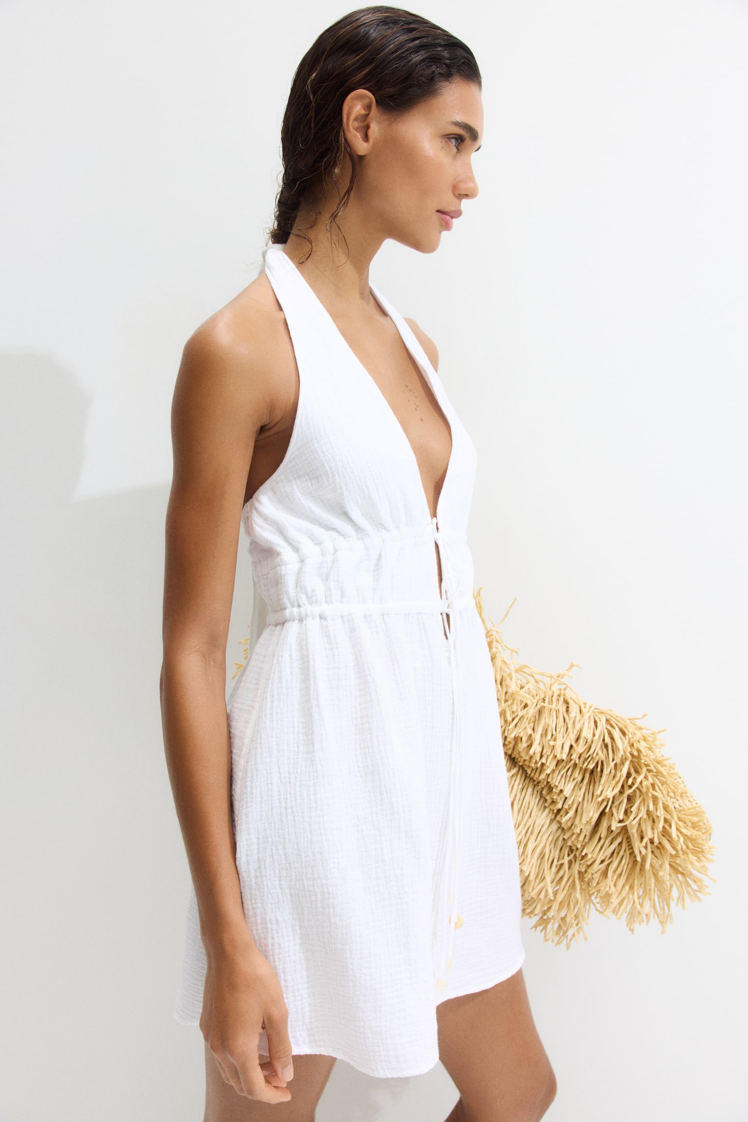 Cotton halterneck beach dress - White/Light turquoise - 1