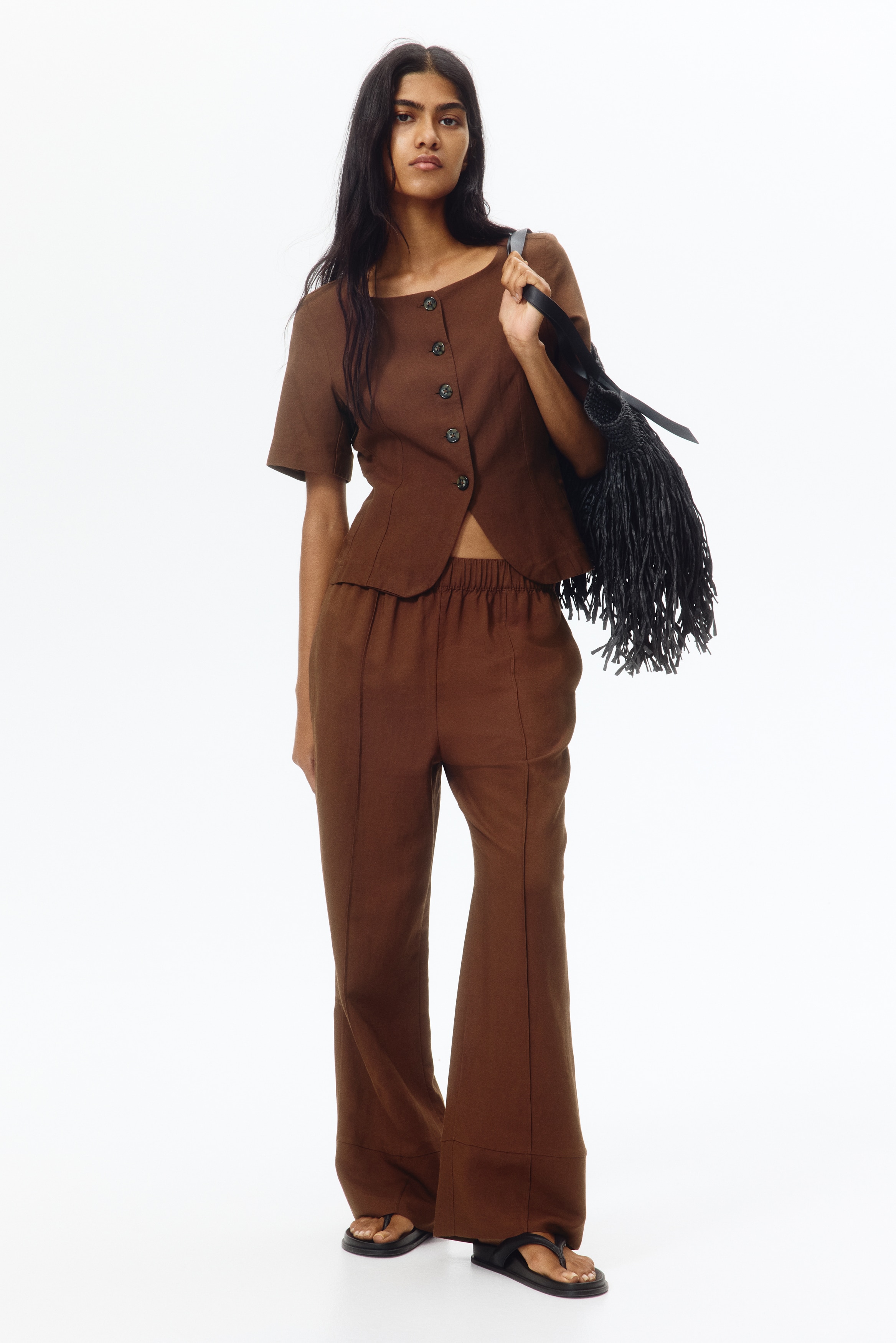 Linen-blend pull-on trousers - Dark brown/Dark yellow
