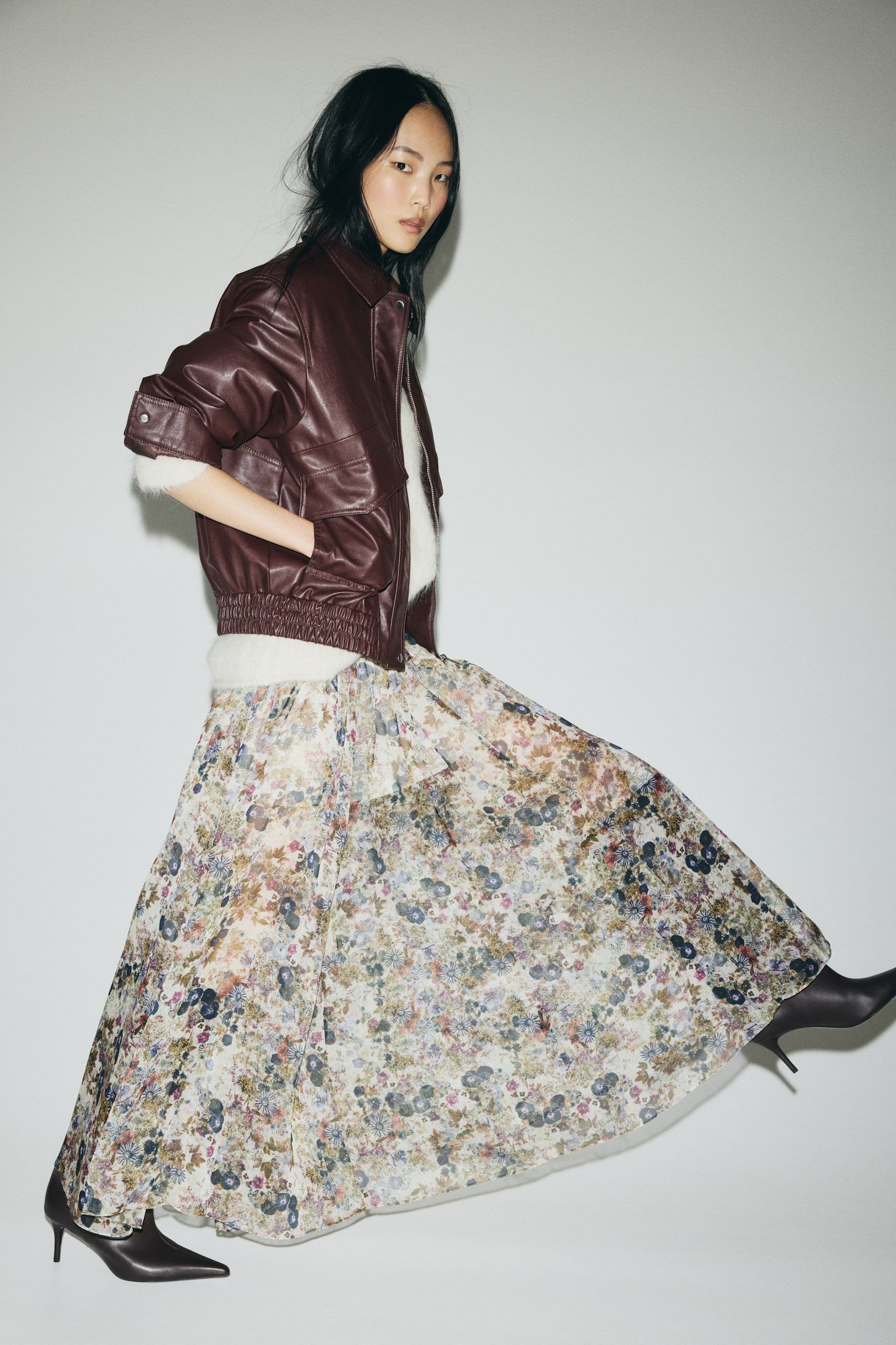 Smock-waisted crêpe skirt - Beige/Floral - 6