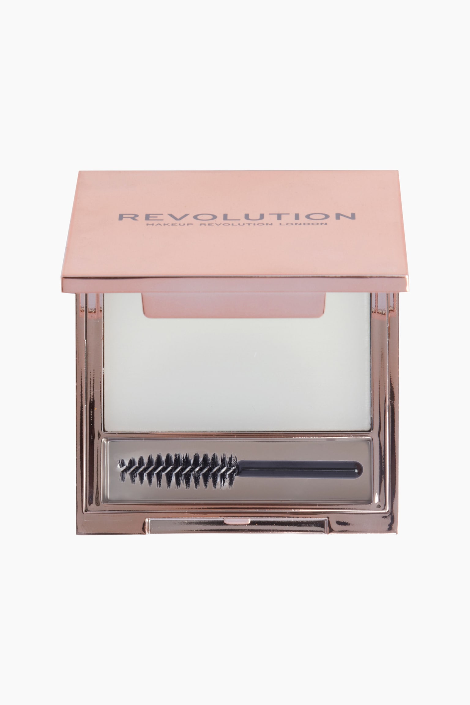 Soap Styler Compact ligger i en Ã¥ben, frontvendt position og fremviser sin metalliske rosaguldfarvede emballage. Den viser en rektangulÃ¦r pan med fast hvid styling-sÃ¦be og en lille sort spoolie-bÃ¸rste, der hviler i et rum nedenunder. - 1