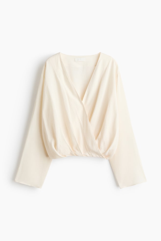 Linen-blend wrap blouse - Cream/Dark brown - 1