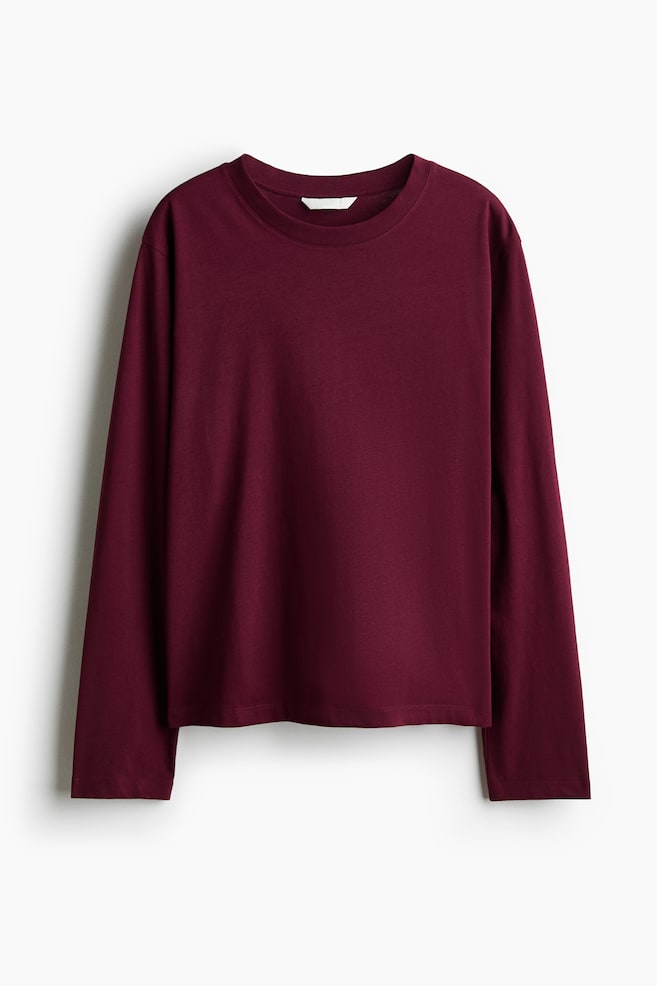 Long-Sleeved Cotton Top - Burgundy/White/black striped/White - 1
