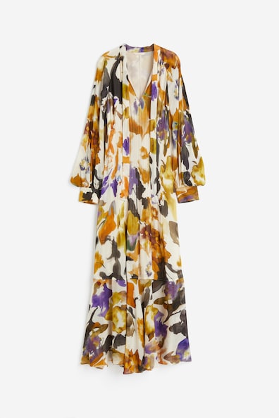 Tie-neck maxi dress - V-neck - Long sleeve - Light beige/Floral ...