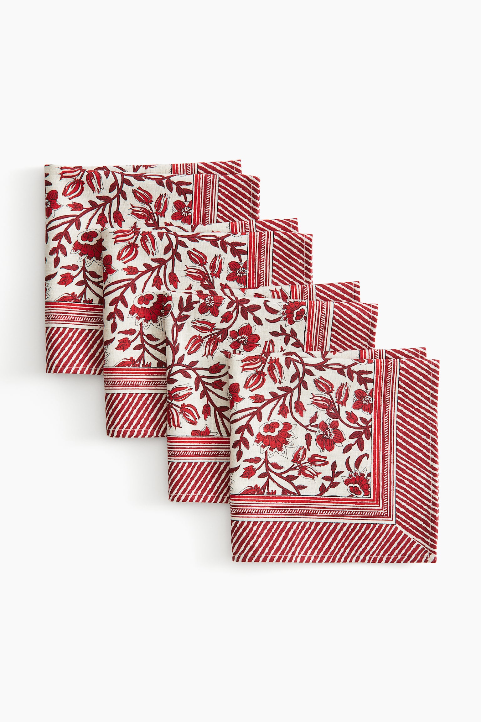 Lot de 4 serviettes de table à motif - Rouge/fleuri - 1