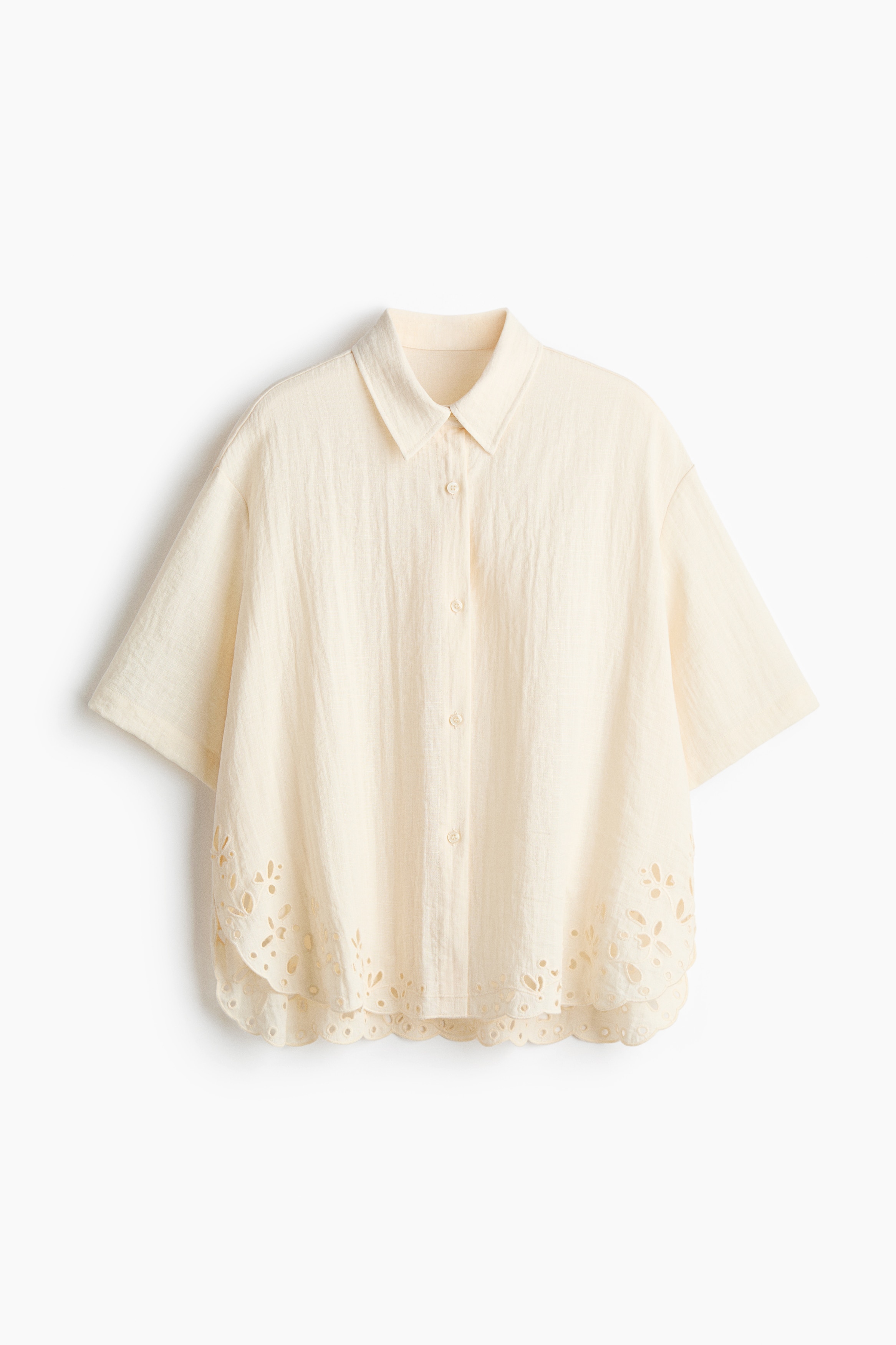 Beach Shirt with Eyelet Embroidery - Cream/Dark brown