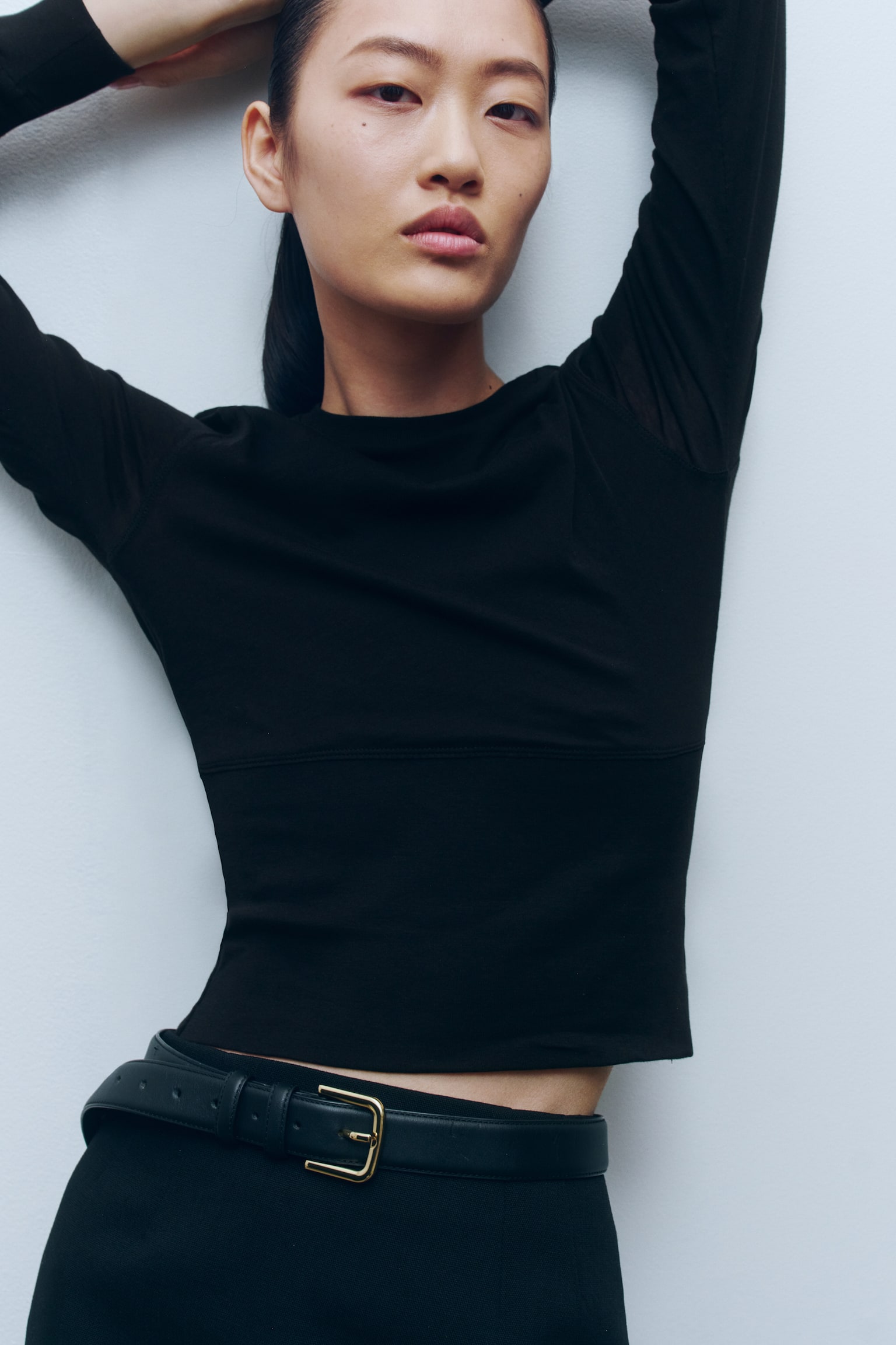 Long Sleeve Cotton Top - Black/White - 1