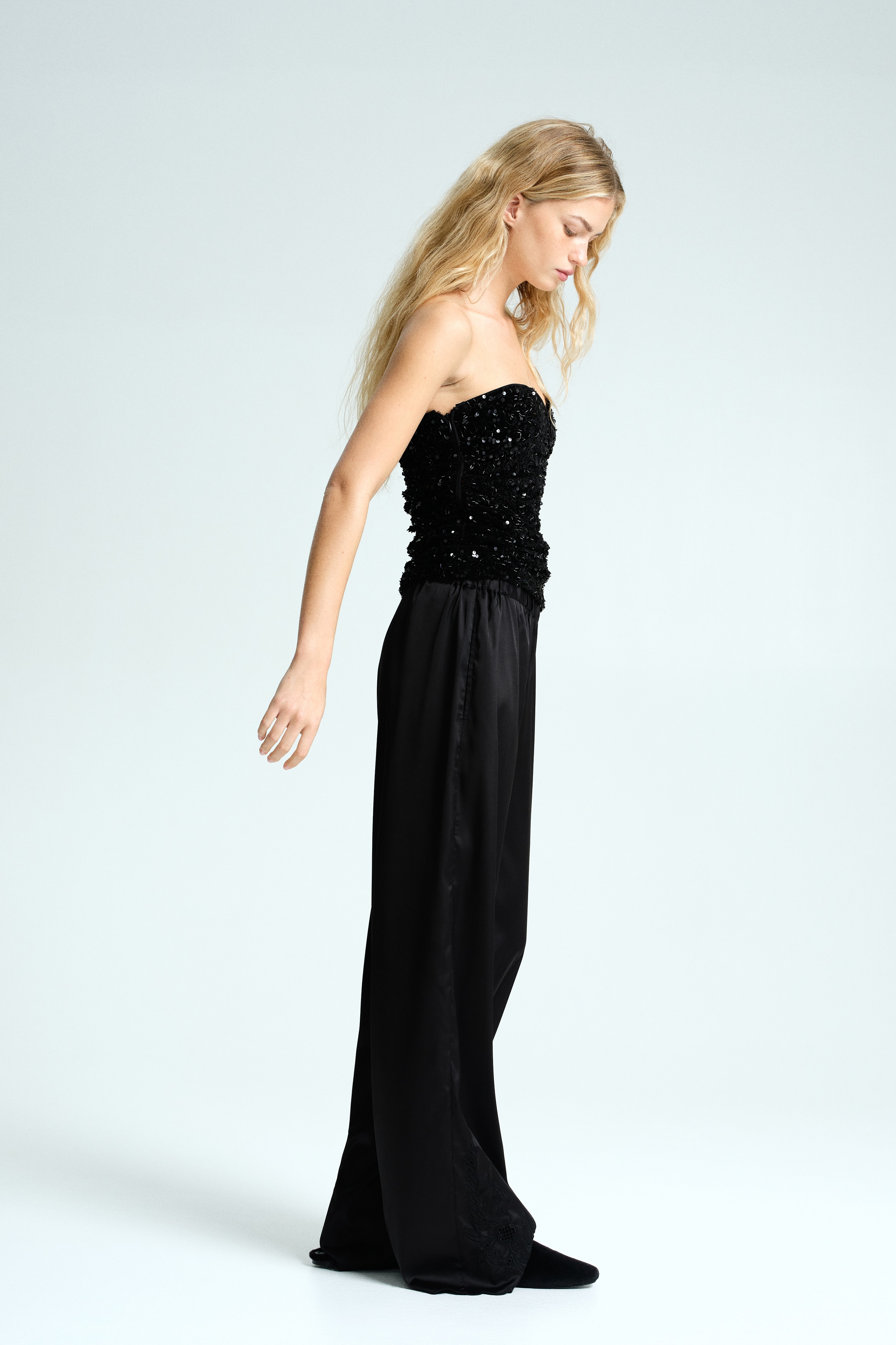 Embroidered satin trousers