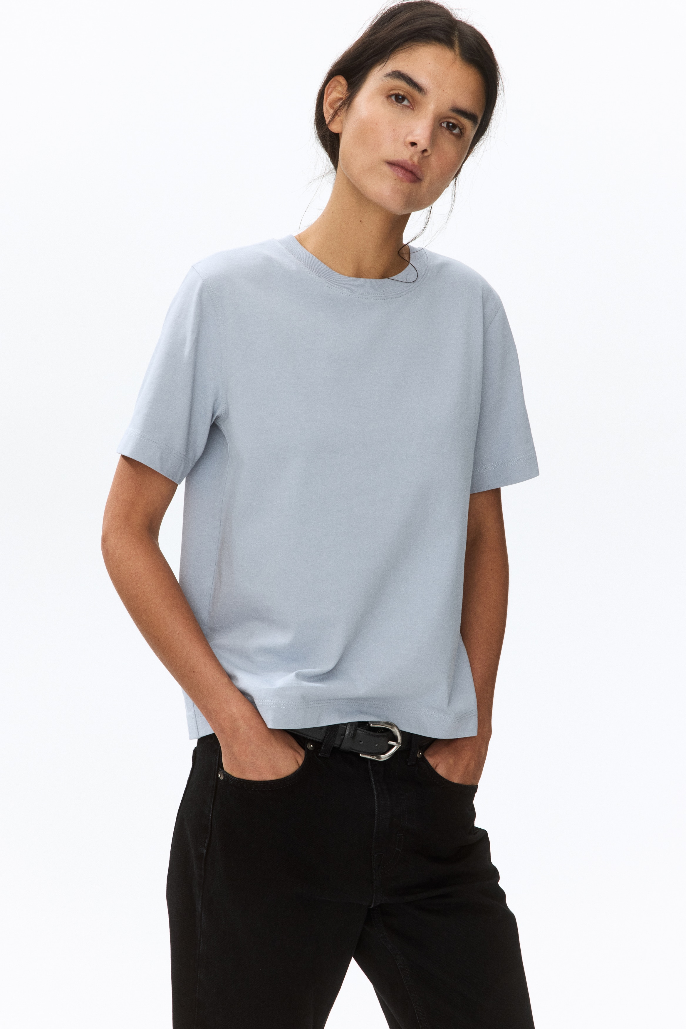 Camiseta de algodón - Azul empolvado claro/Blanco/Topo