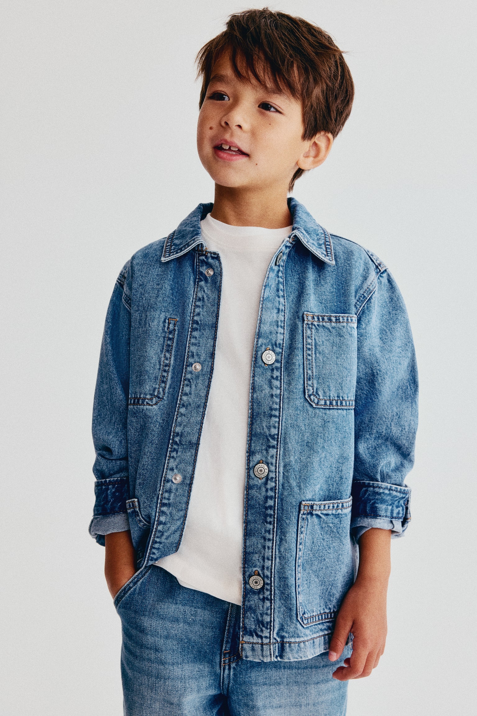 Детская рубашка H&M Cotton Denim Overshirt, цвет: Джинсовый синий — фото 3