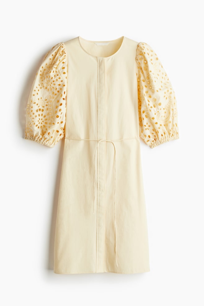 Broderie anglaise-sleeved dress - Pale yellow/Black/White/Floral/Red - 1