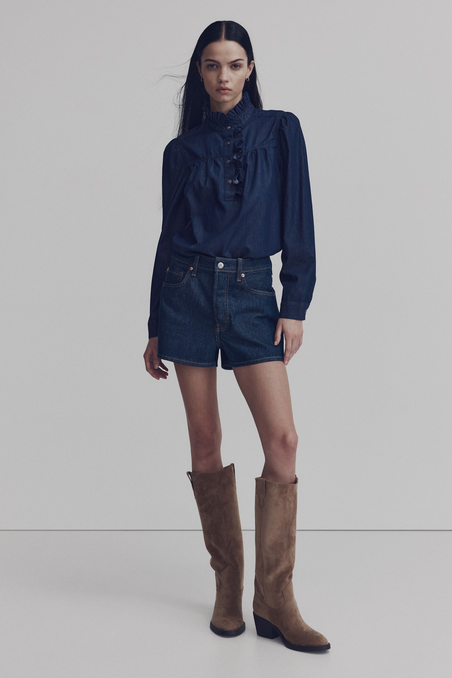 Frill-collared denim blouse - Dark denim blue - 1