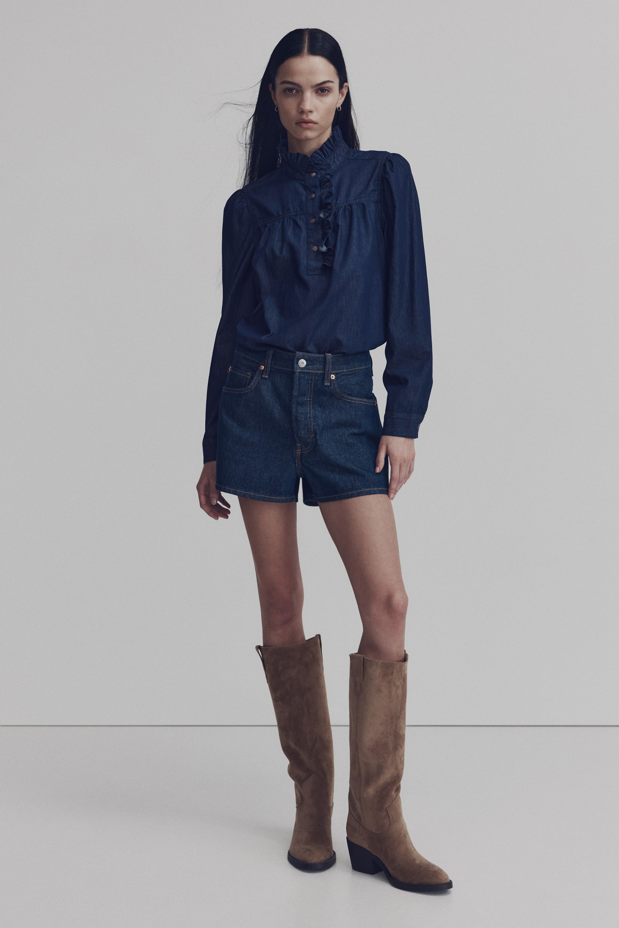 Grotere afbeelding bekijken: Denim blouse met volantkraagje - Donker denimblauw - DAMES | H&M NL 1