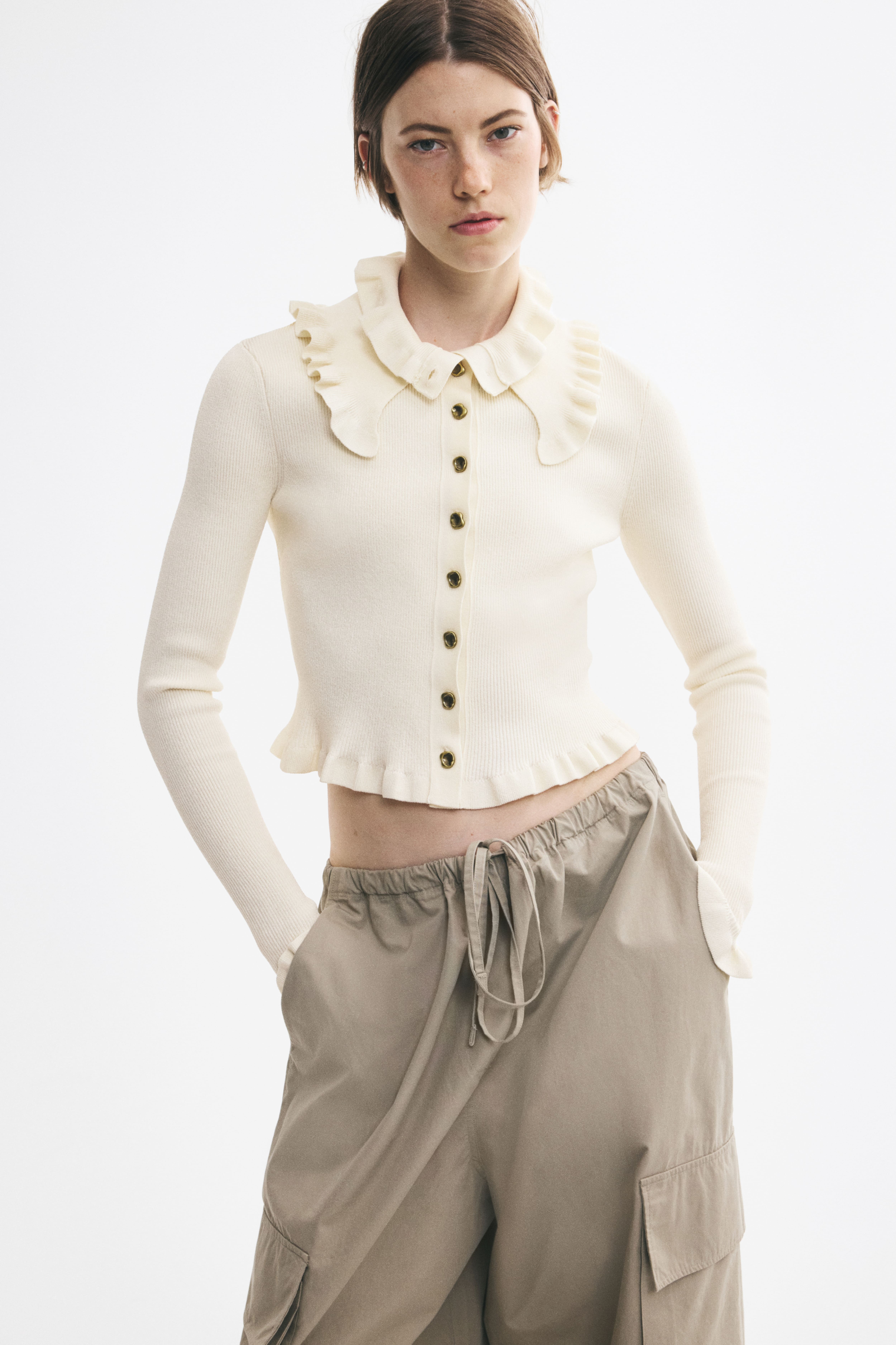 Ruffle-Trimmed Rib-Knit Top